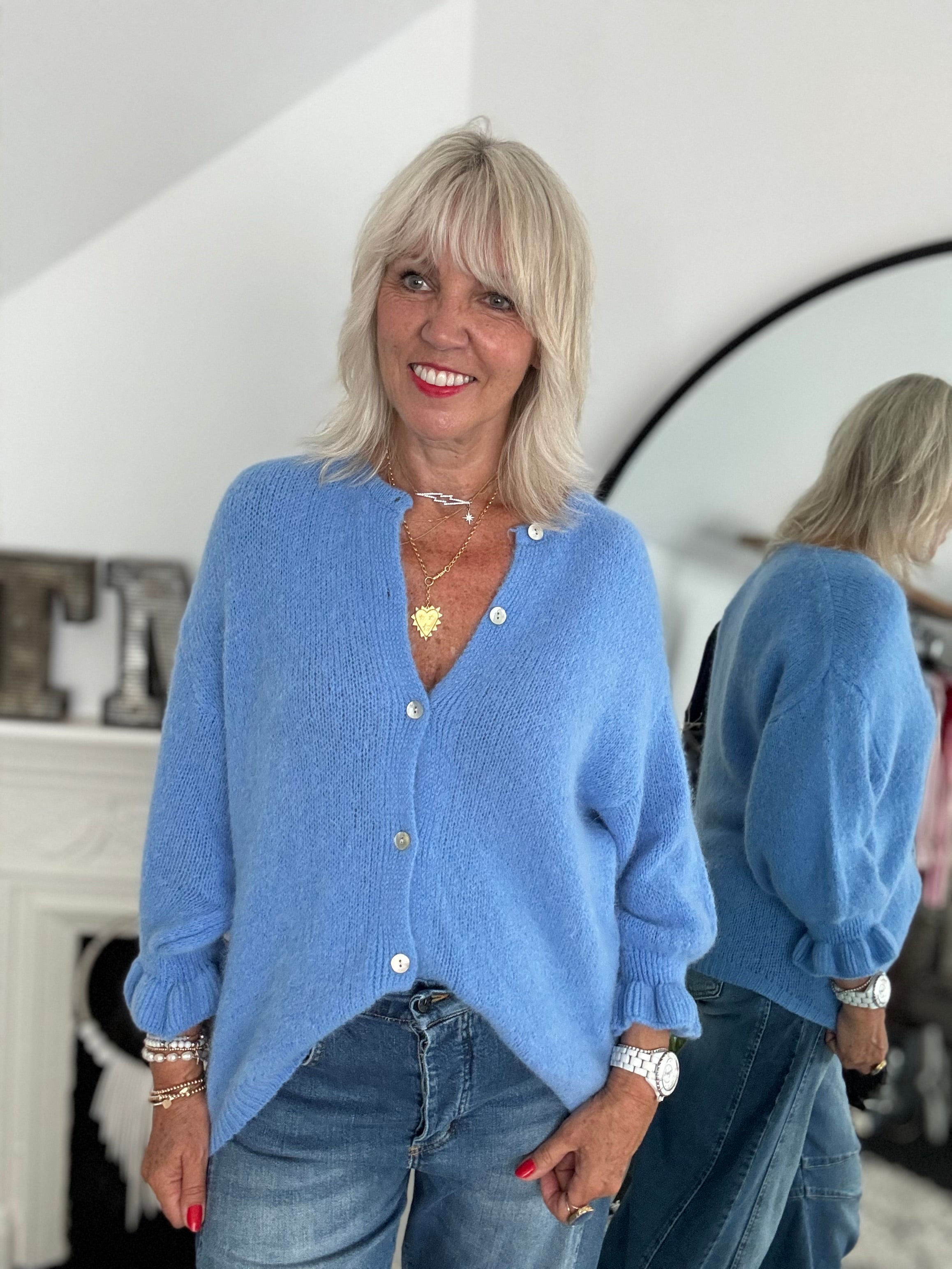 Alpaca Cardi with Frill Cuffs in Cornflower Blue