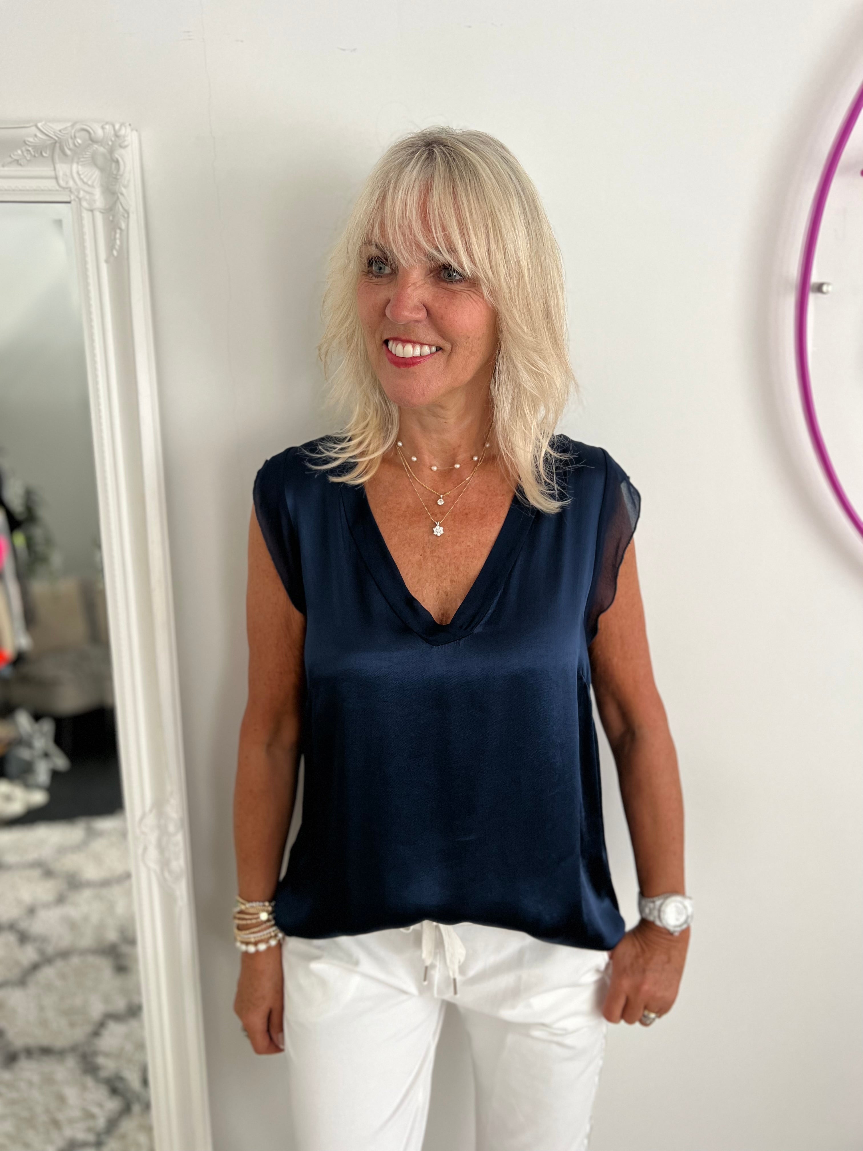 Satin Tank in Midnight Navy