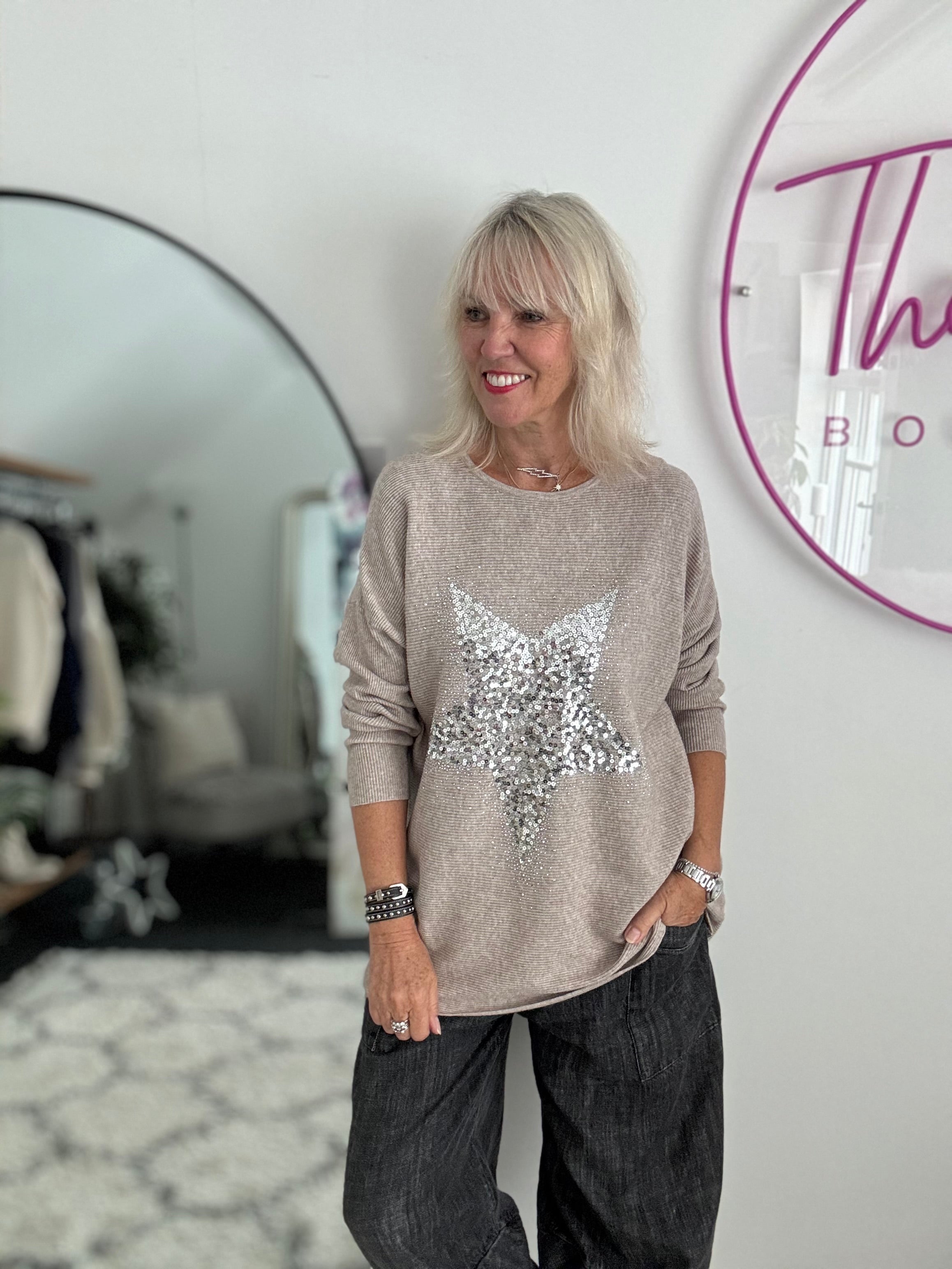 Ribbed Sequin Star Jumper in Stone