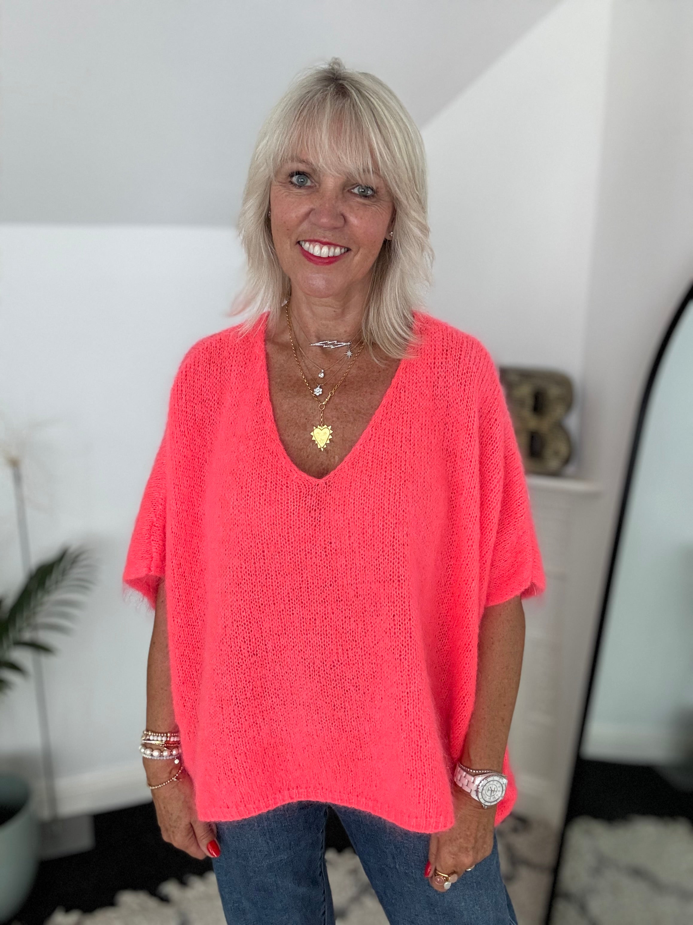 Oversized Mohair V Neck Tank in Neon Coral