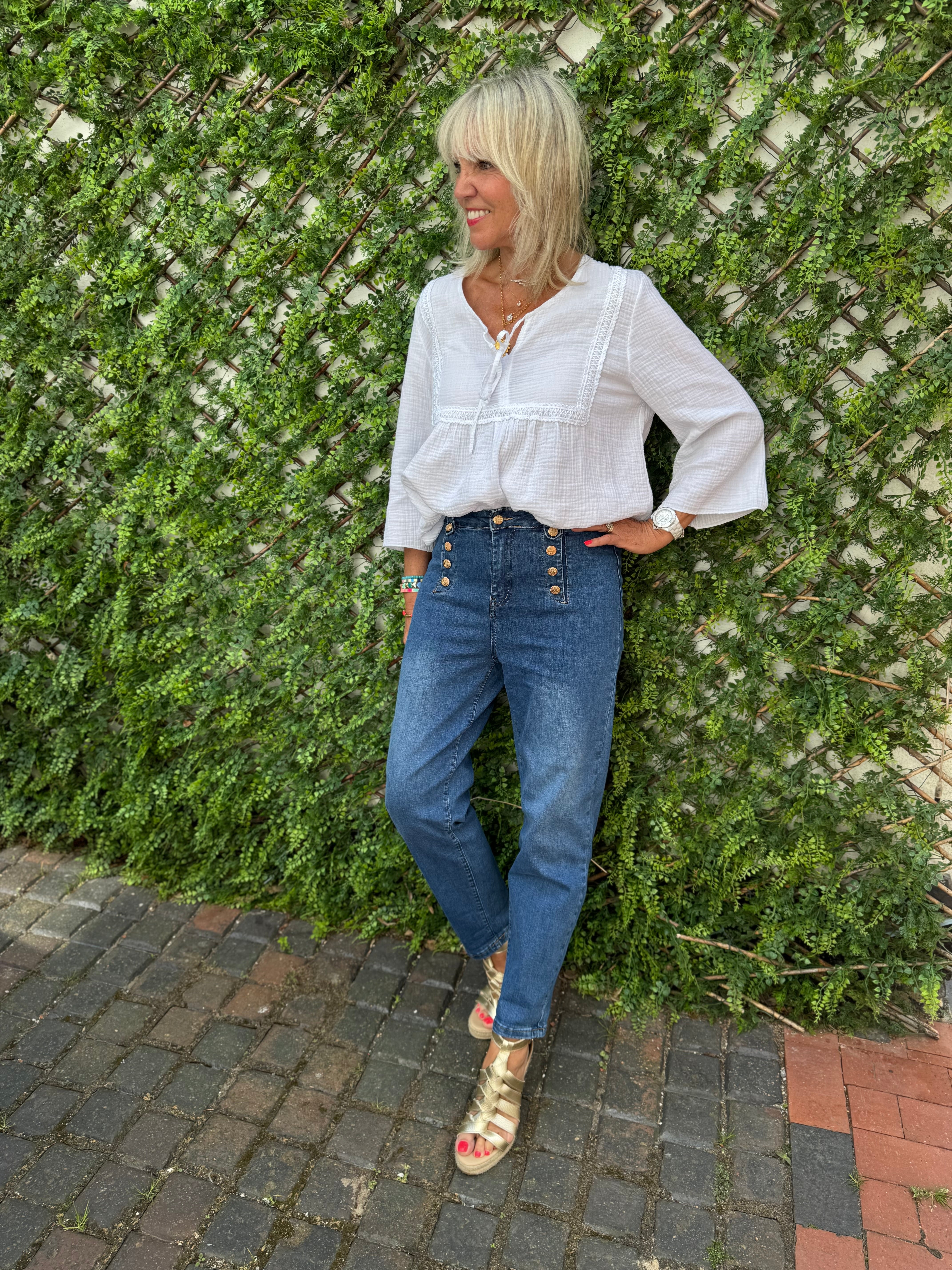Slim Boyfriend Jeans with Gold Buttons