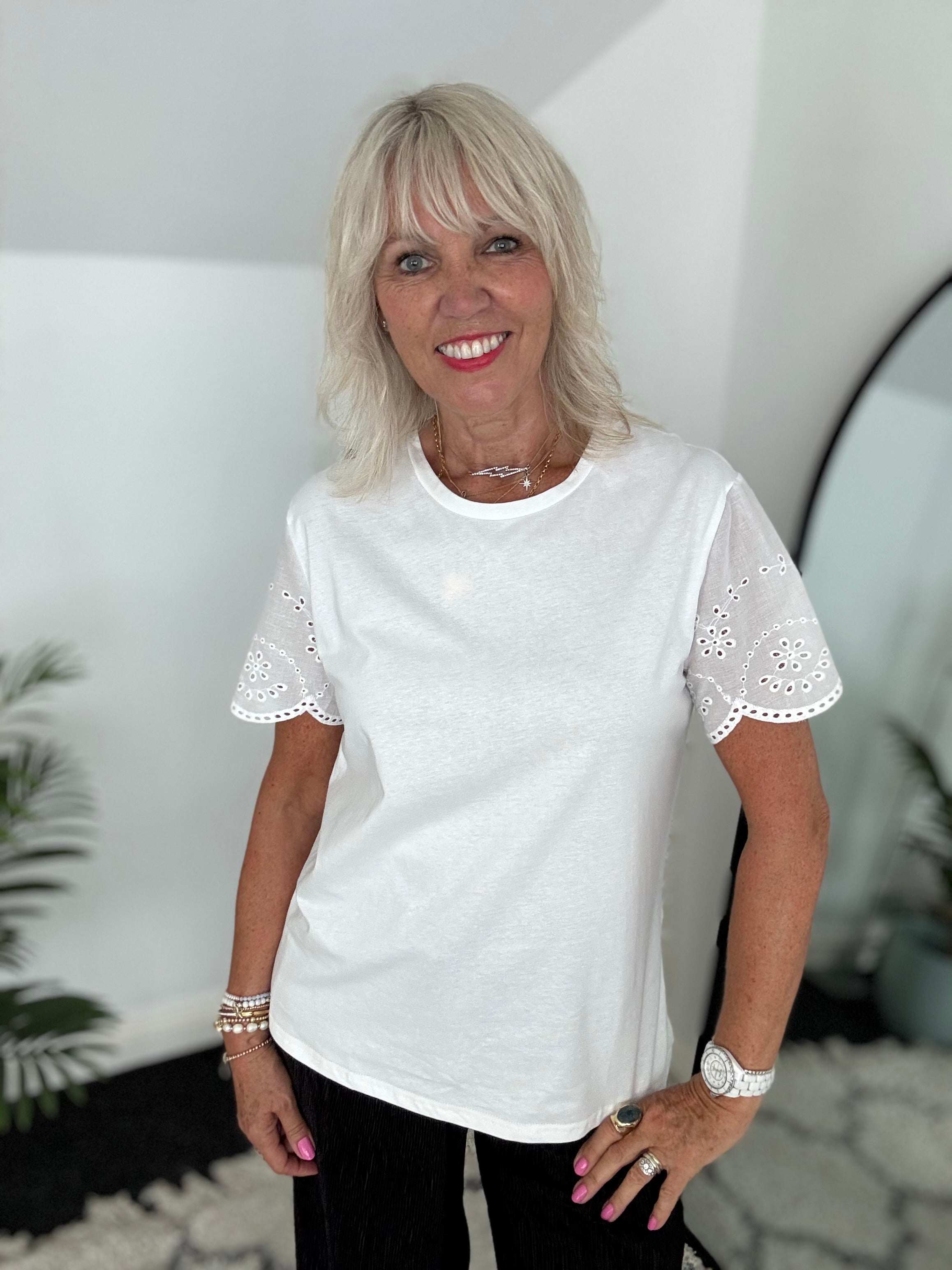 White Cotton Top with Broderie Sleeves