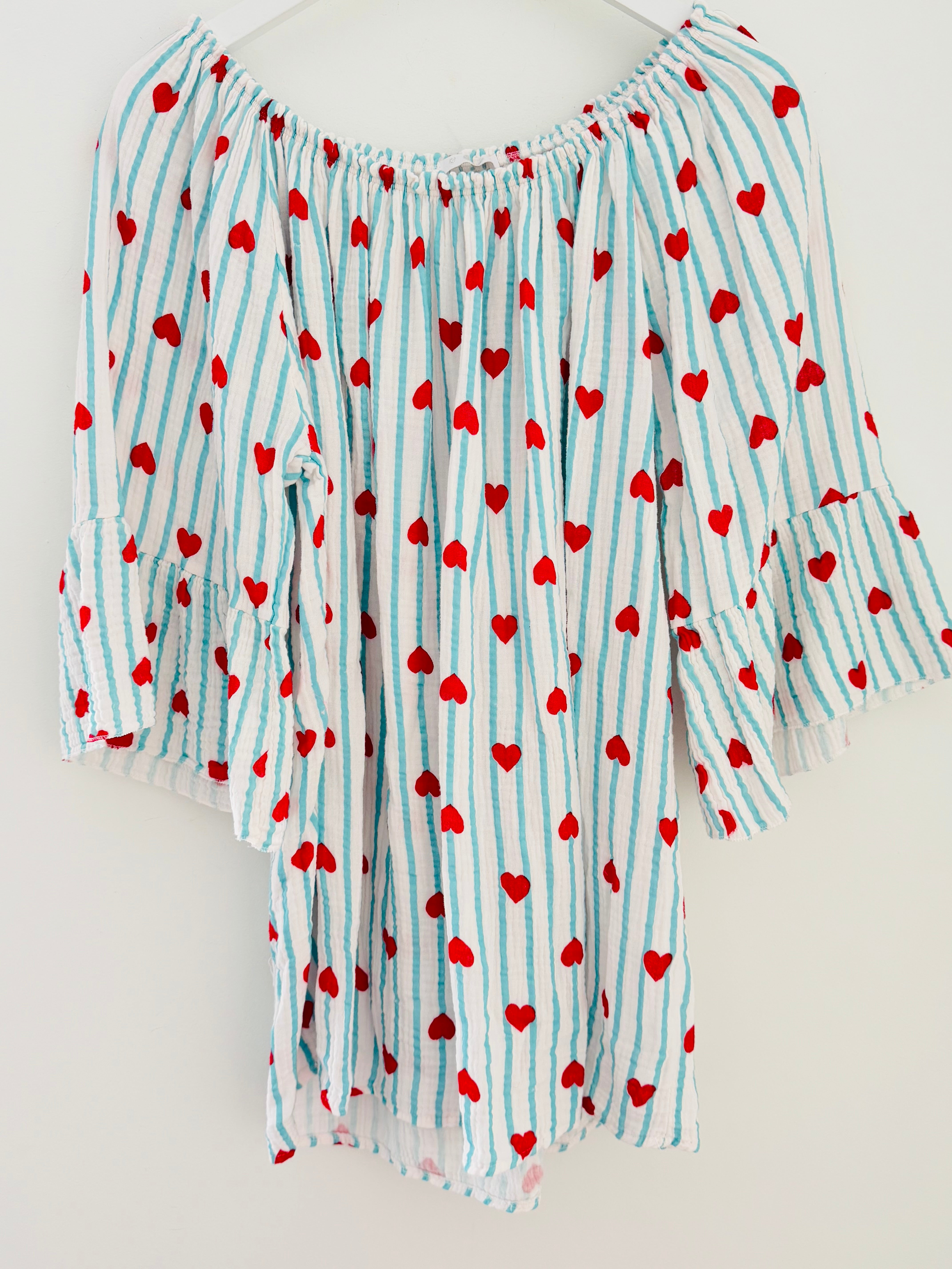 Cheesecloth Bardot Top in Aqua & Red Hearts