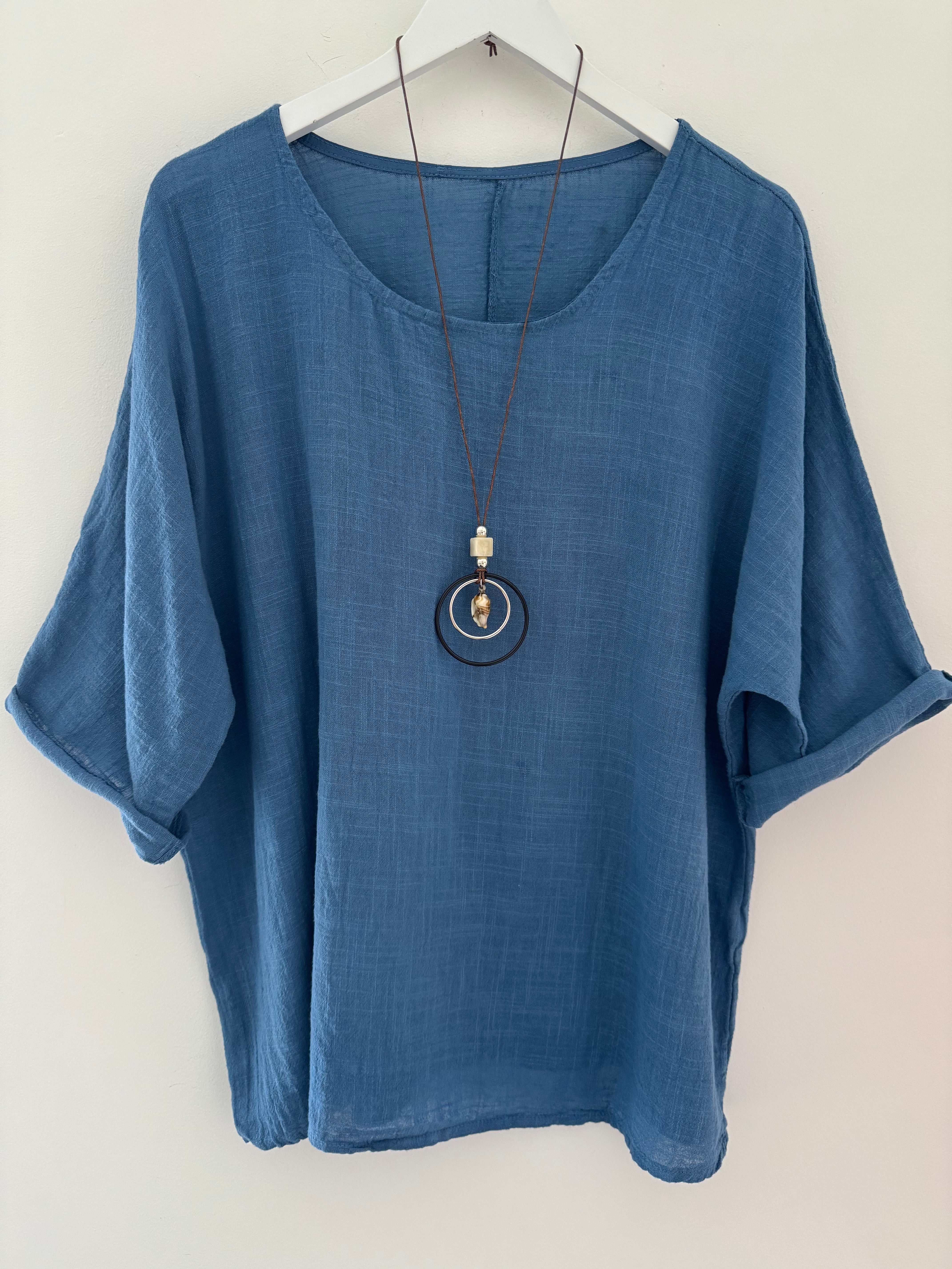 Simple Cotton Scoop Neck Top in Denim Blue