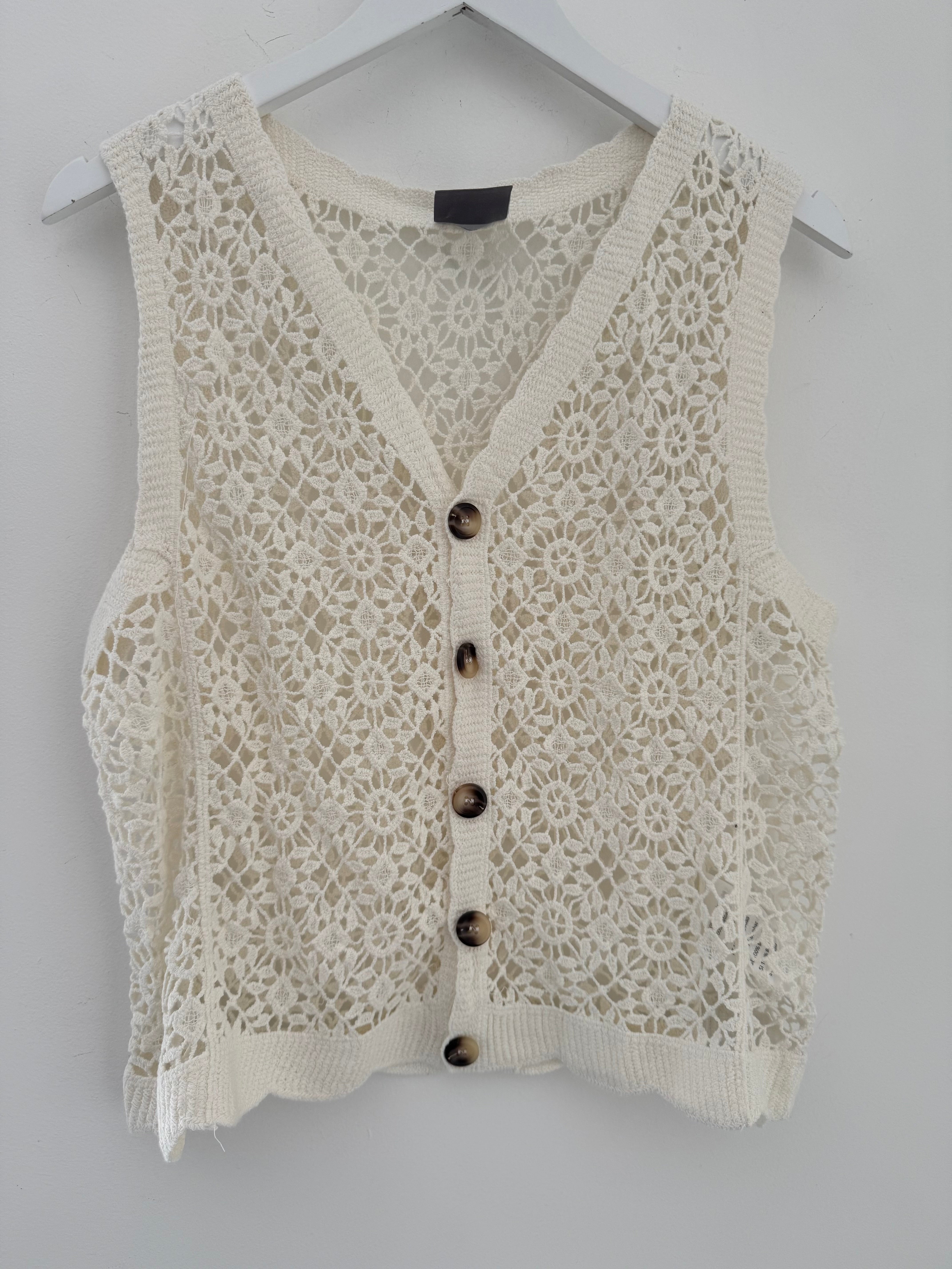Crochet Buttoned Waistcoat in Ivory