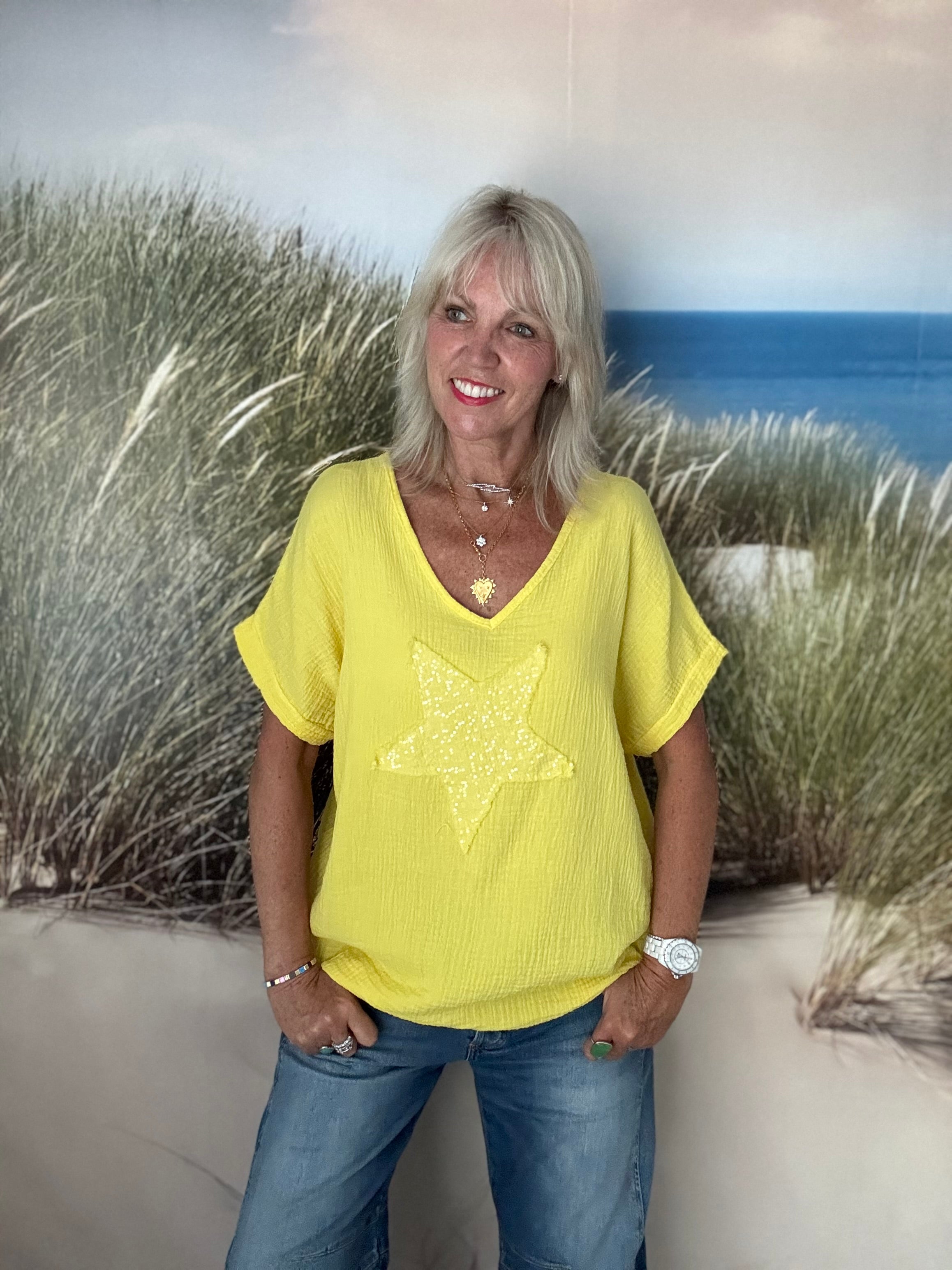 Cheesecloth Sequin Star Top in Sunshine Yellow