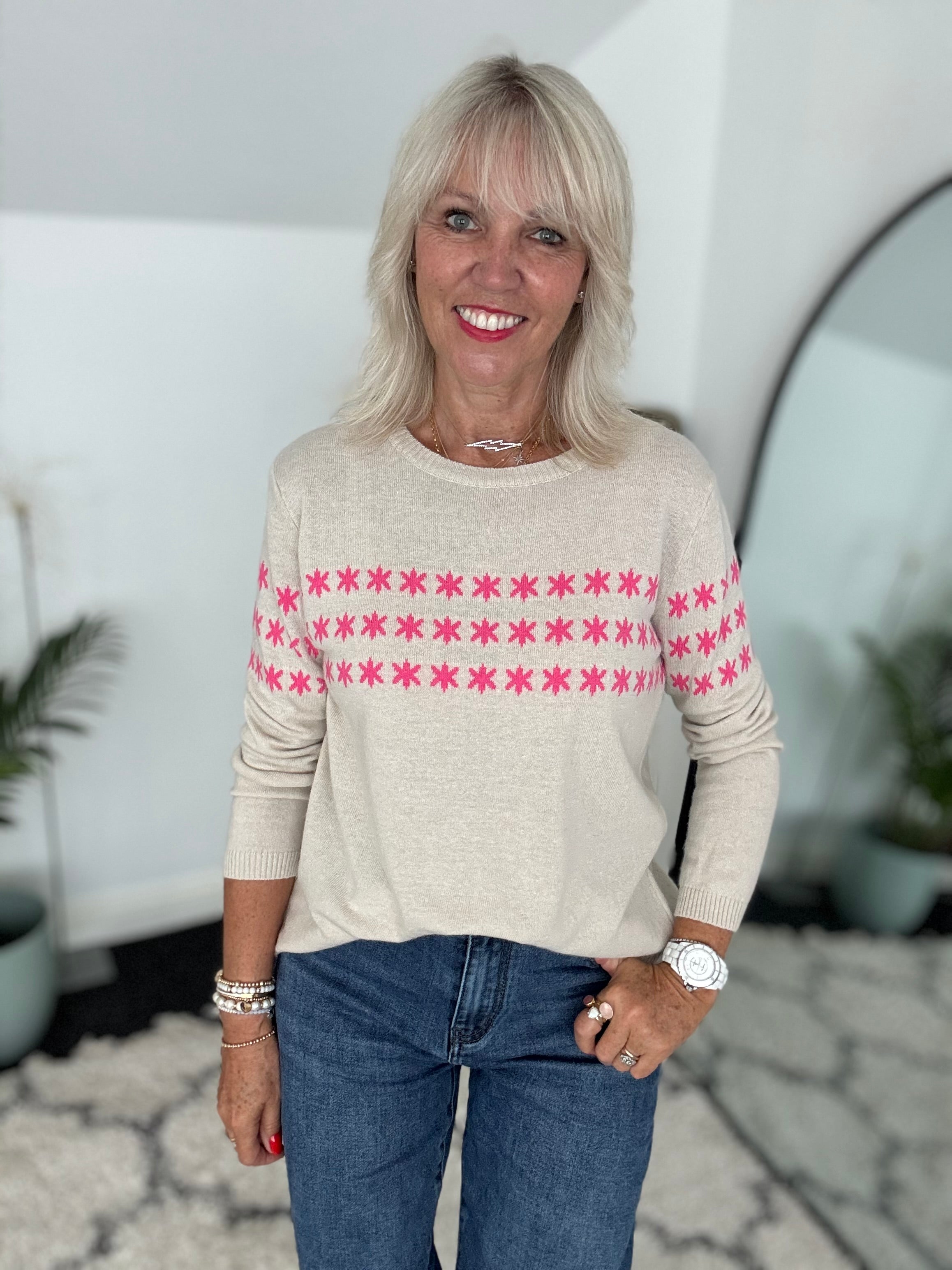 Multi Star Cashmere Jumper in Ecru & Pink