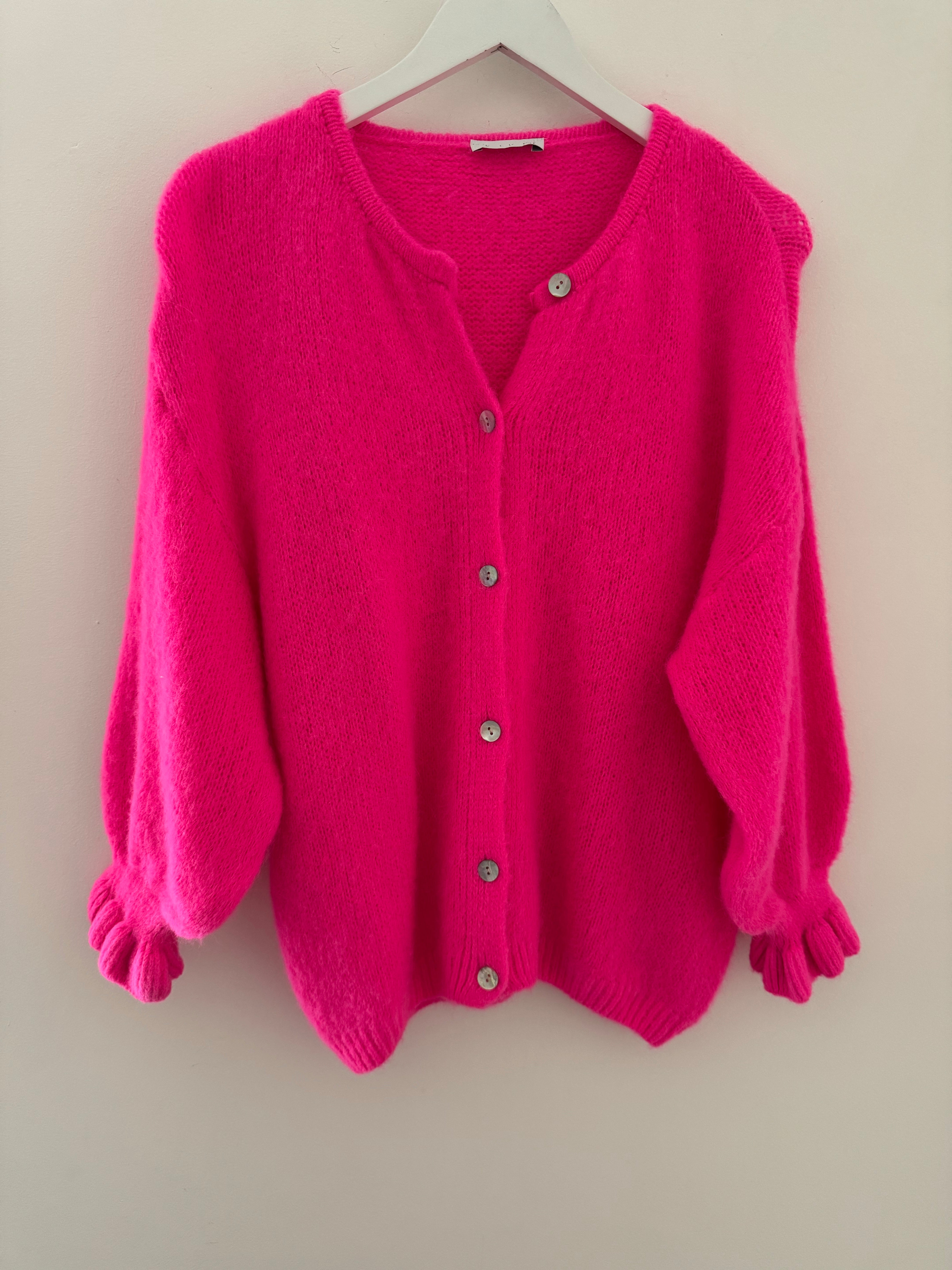 Alpaca Cardi with Frill Cuffs in Neon Pink