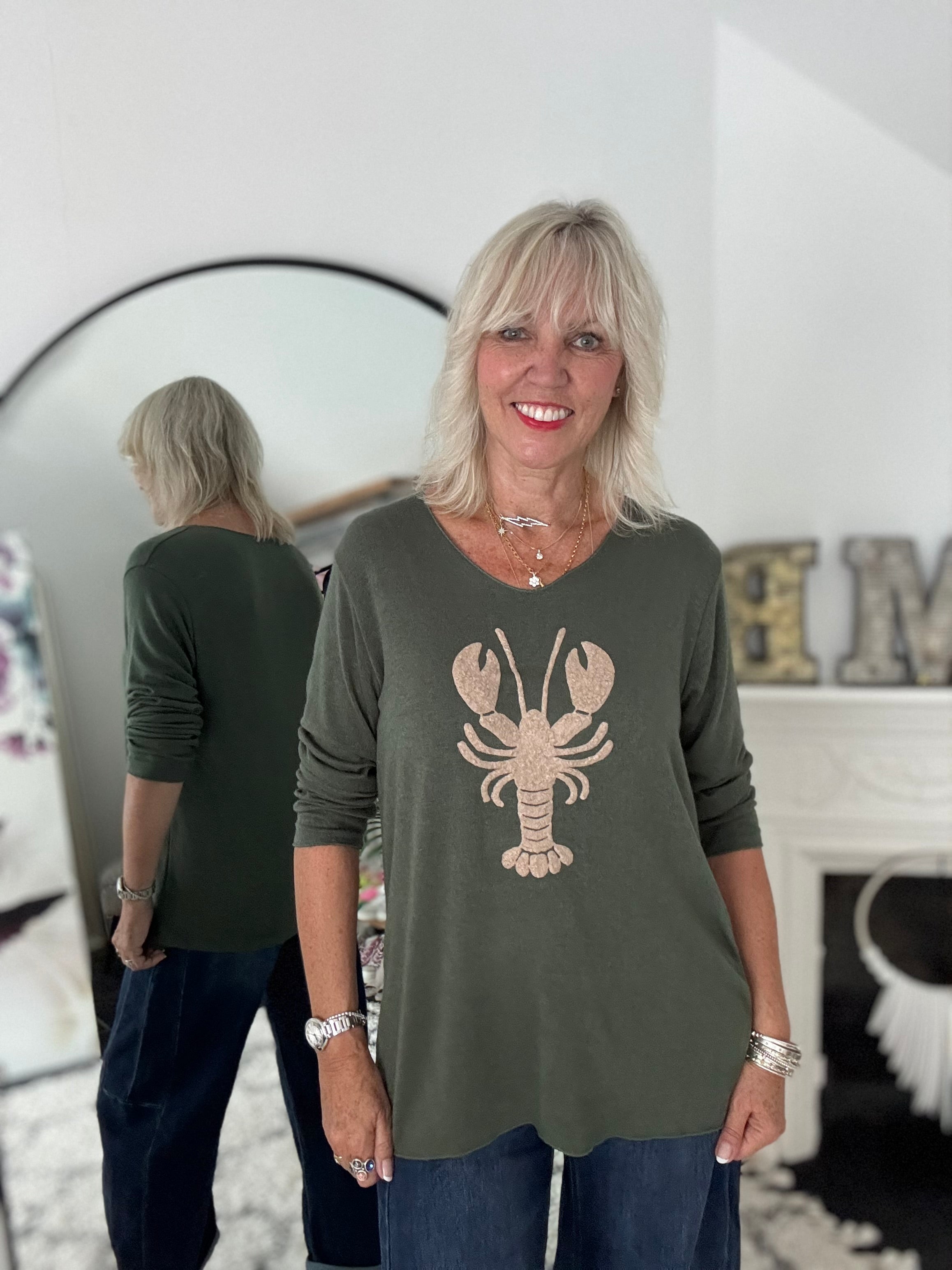 Soft V Neck Lobster Knit in Khaki