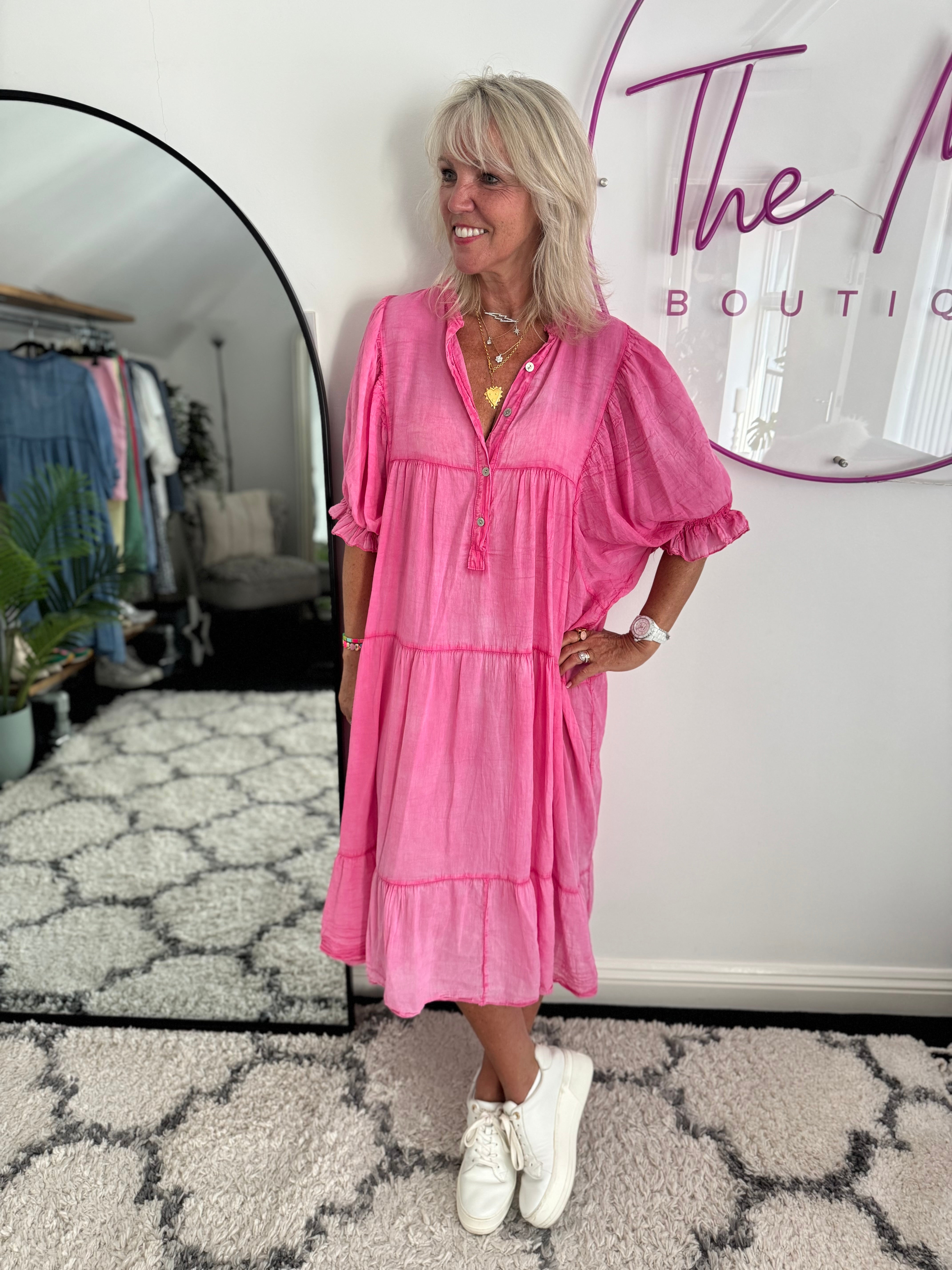 Oversized Cotton Tiered Dress in Vintage Pink