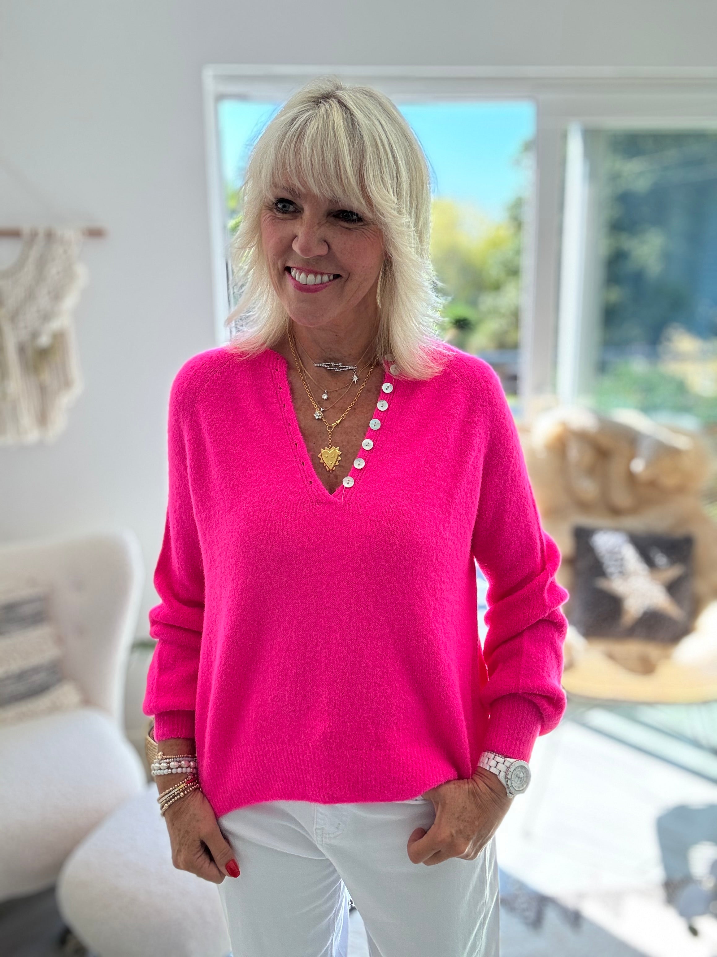 Softie Jumper with Button Neck in Neon Pink