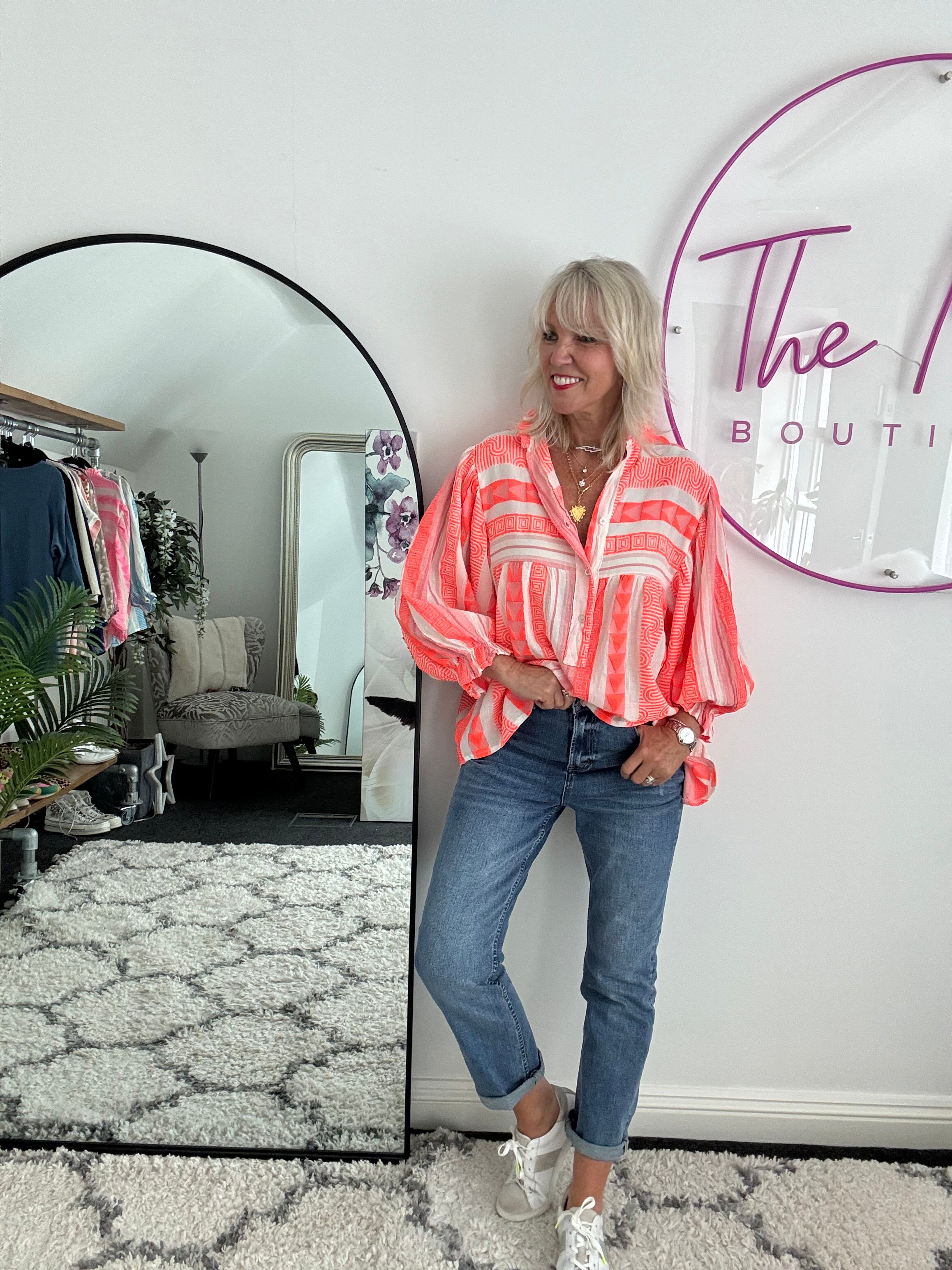Embroidered Shirt in Neon Orange & Ivory