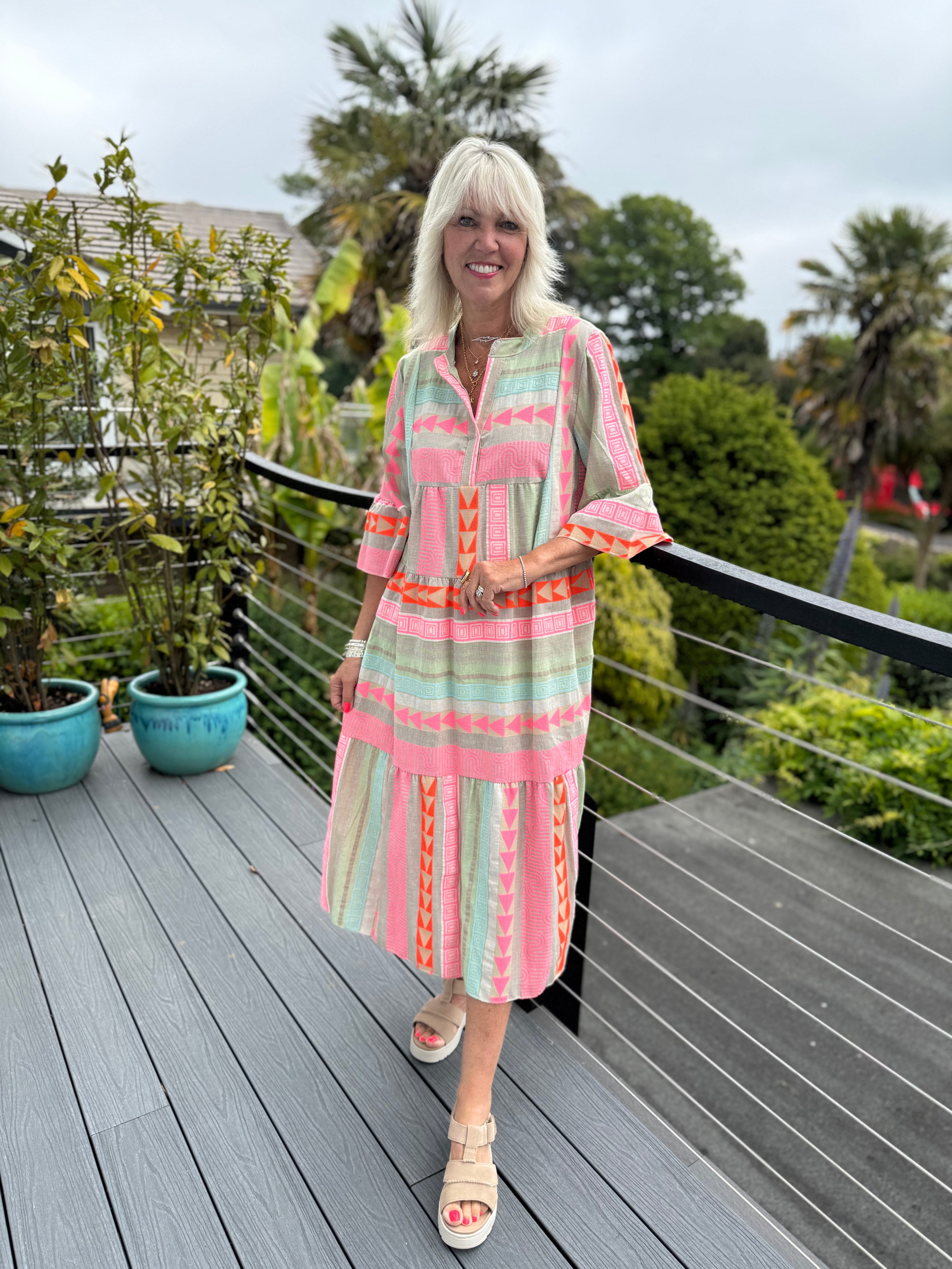 Embroidered Cotton Dress in Khaki & Pink