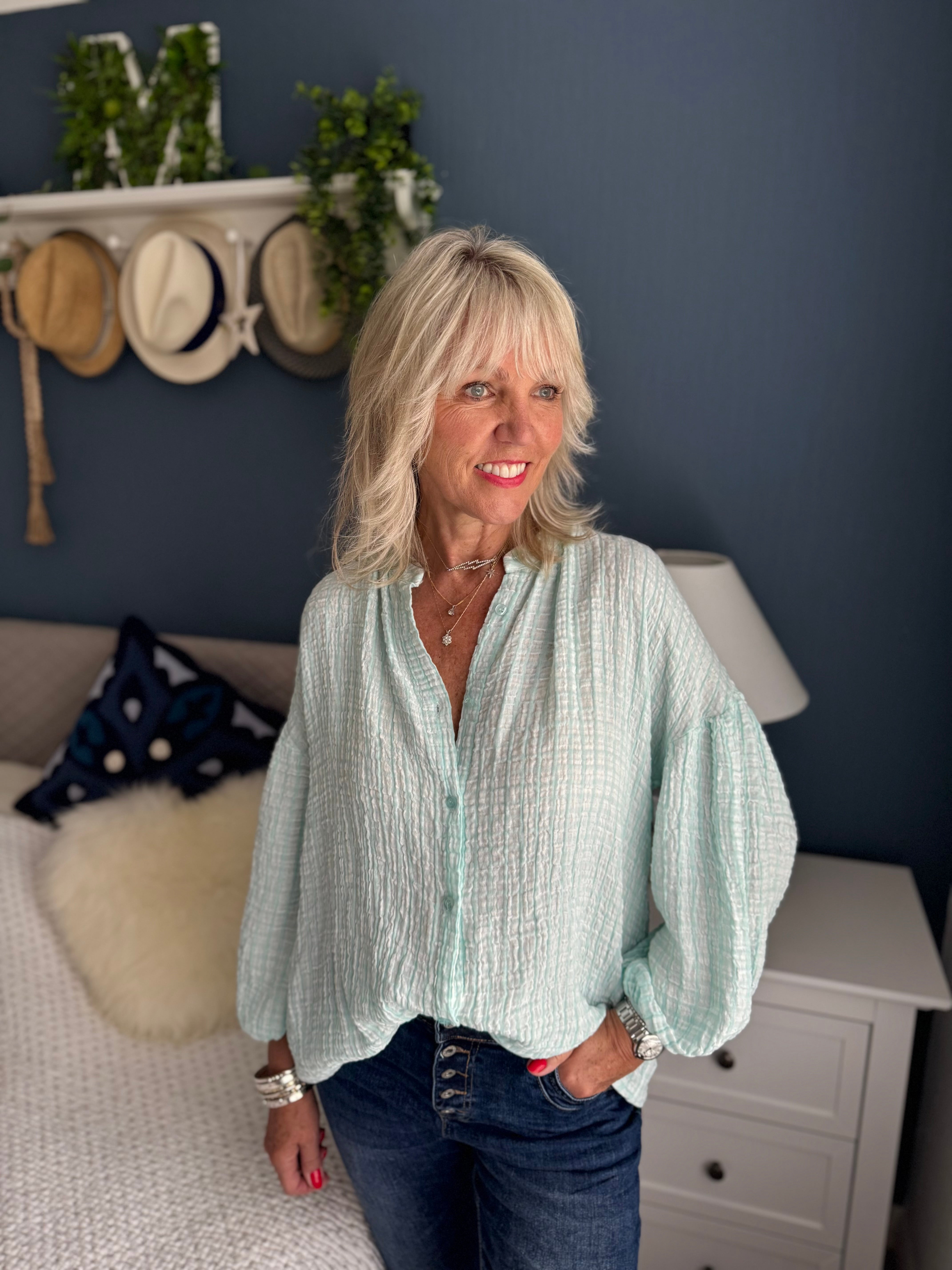Gingham Seersucker Blouse in Aqua