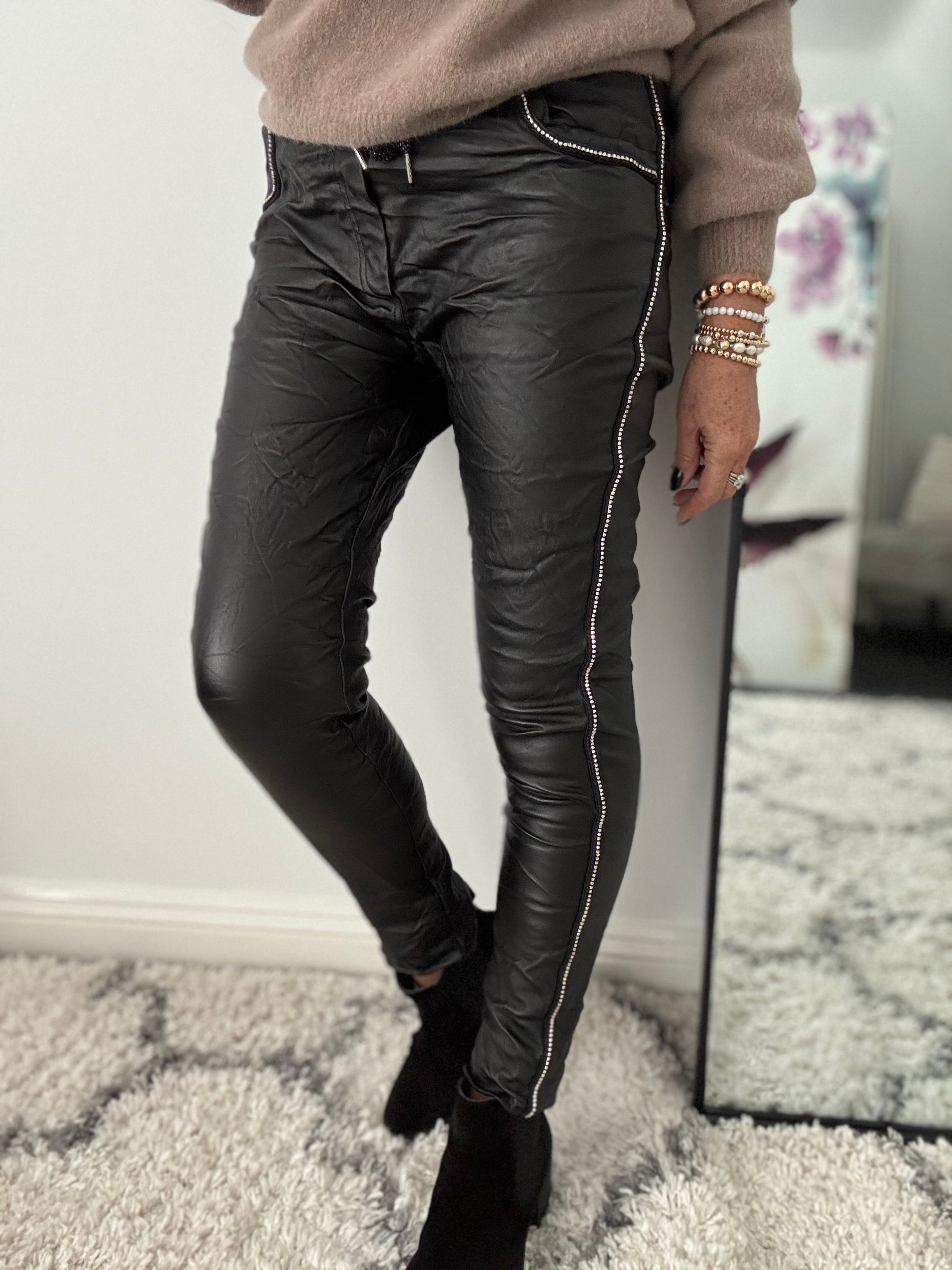 Waxed Rhinestone Joggers in Black