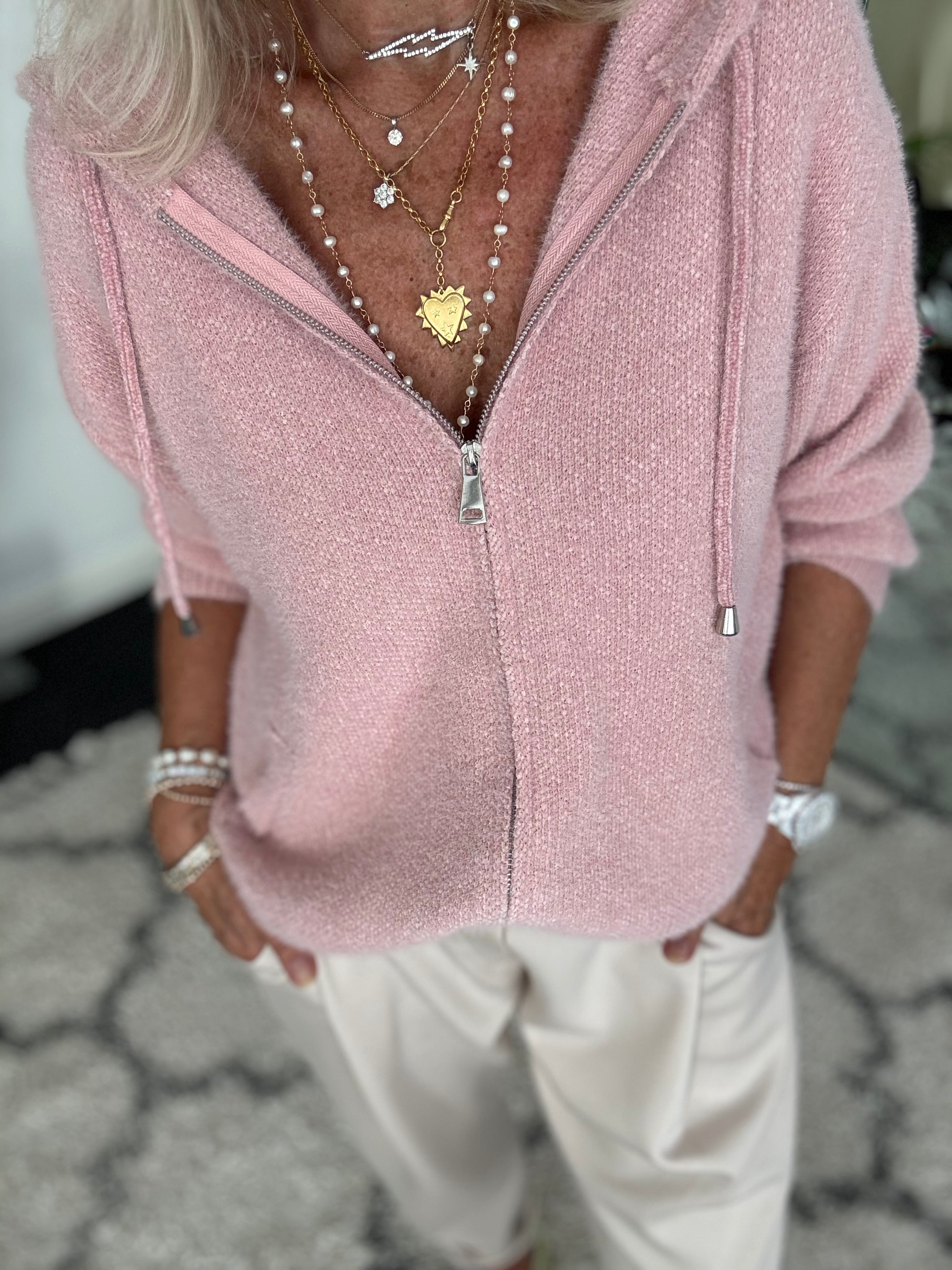 Soft Hooded Knit with Pockets in Pink
