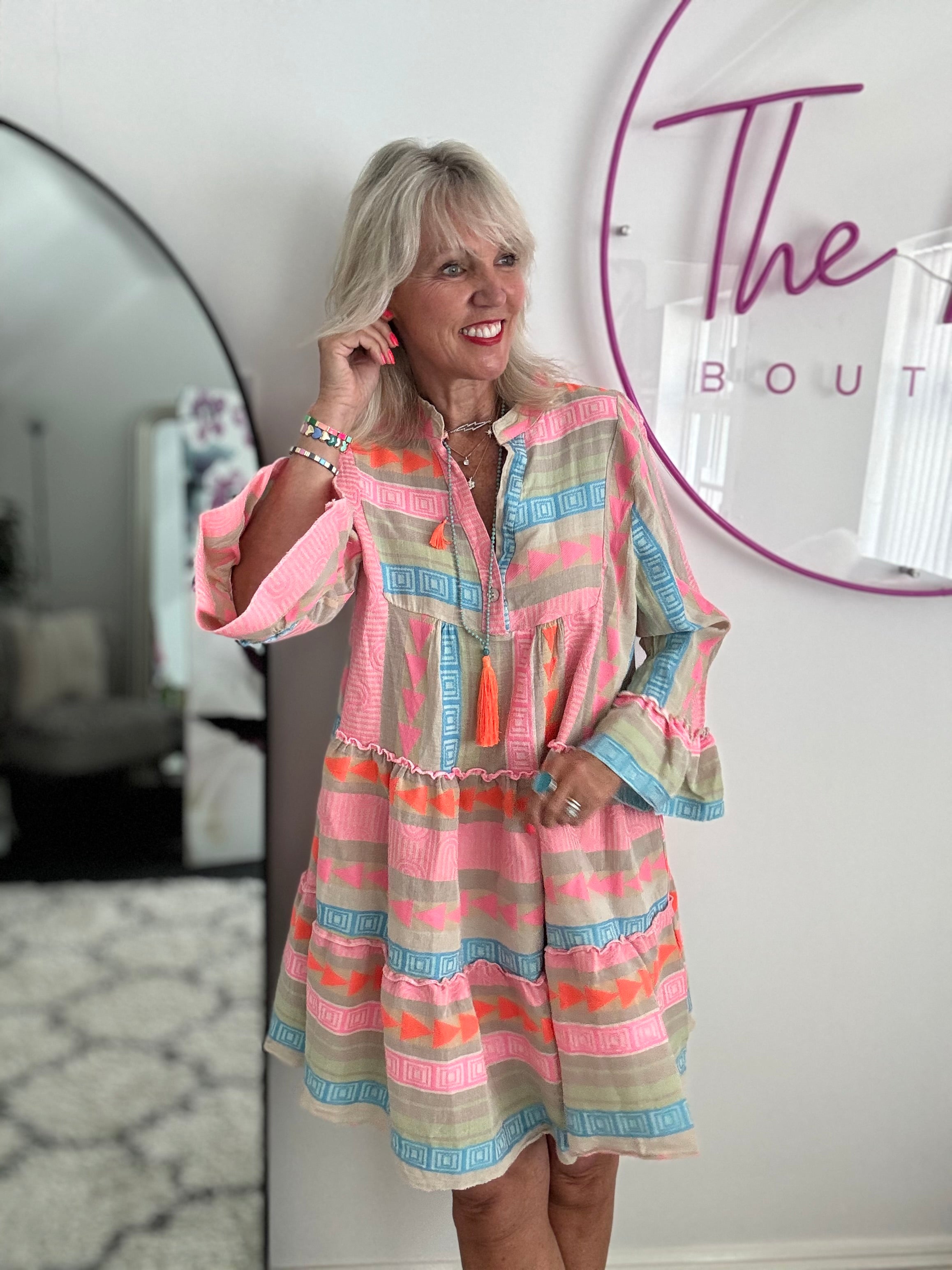 Embroidered Knee Length Dress in Khaki & Pink