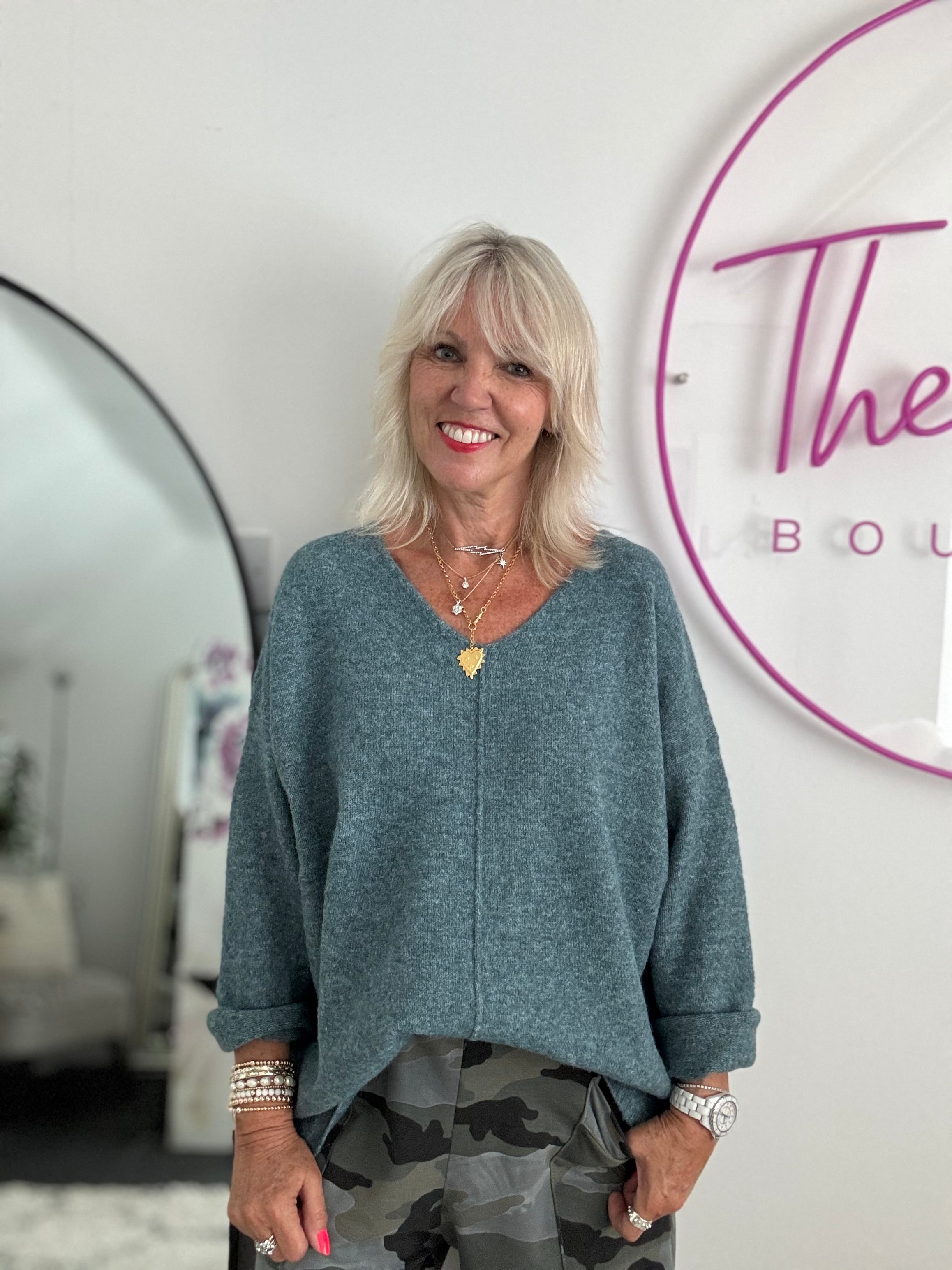 Seam Front V Neck Jumper in Sea Green