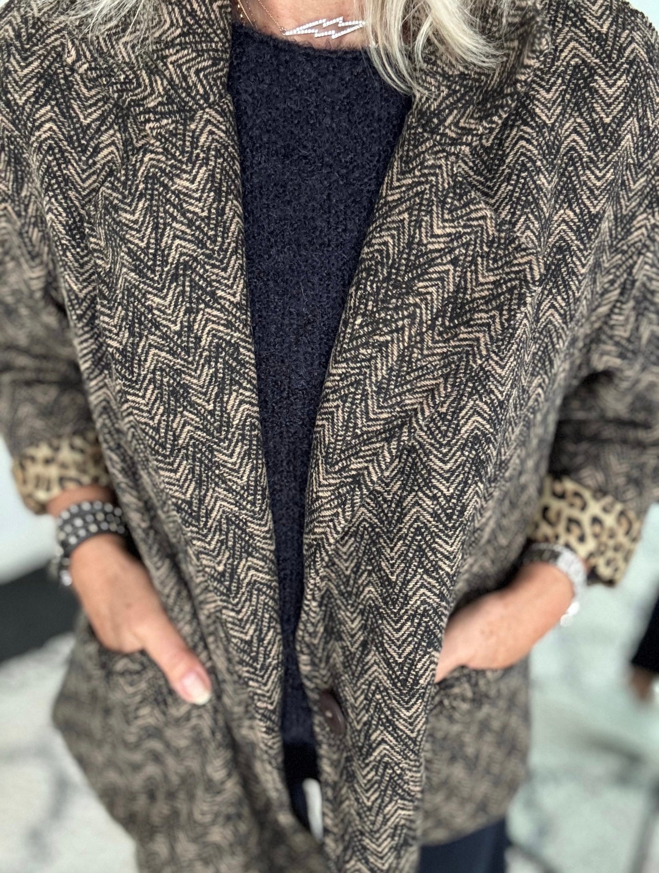Brown Tweed Boyfriend Jacket with Leopard Lining
