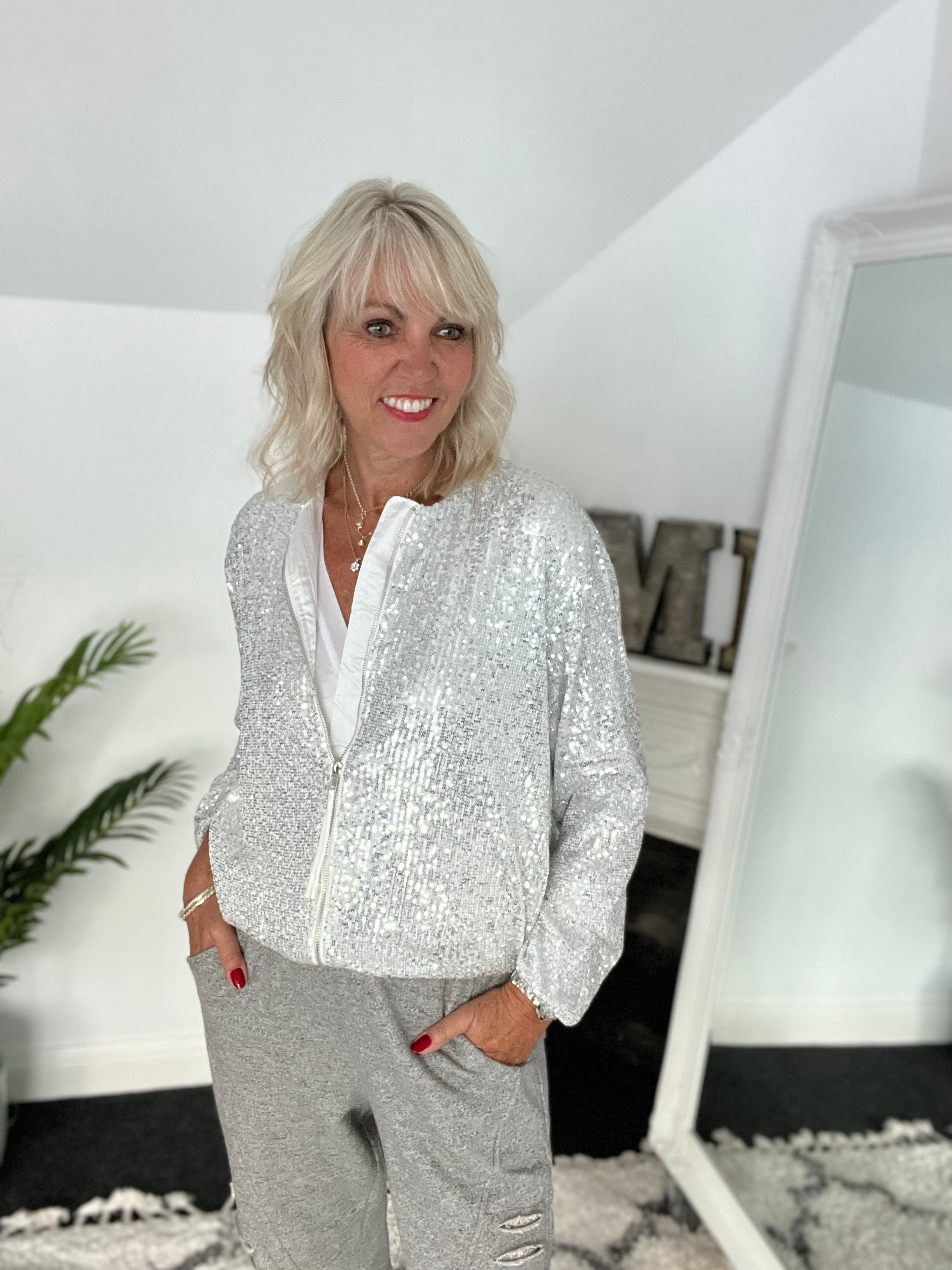 Silver Sequin Bomber