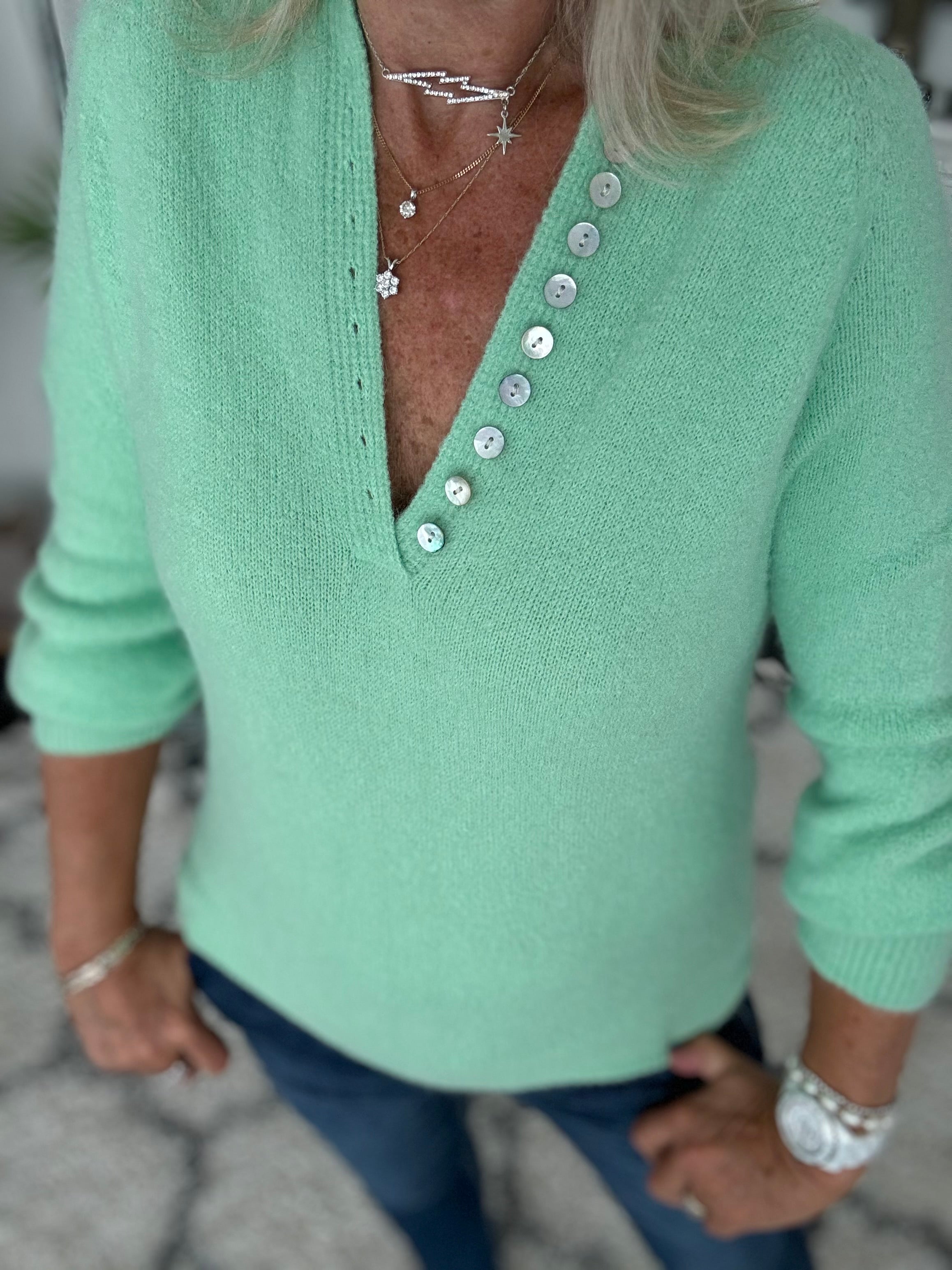 Softie Jumper with Button Neck in Mint