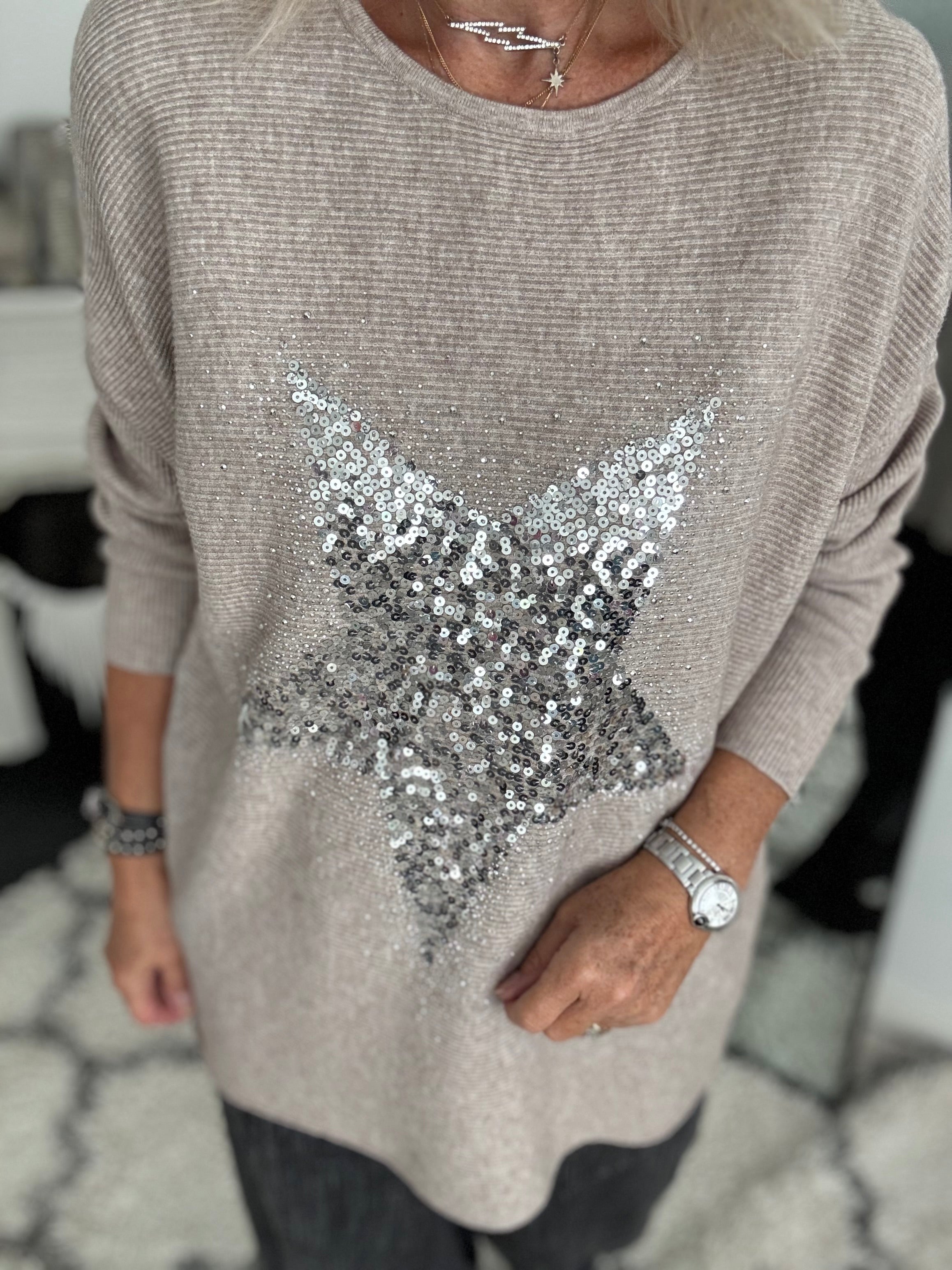 Ribbed Sequin Star Jumper in Stone