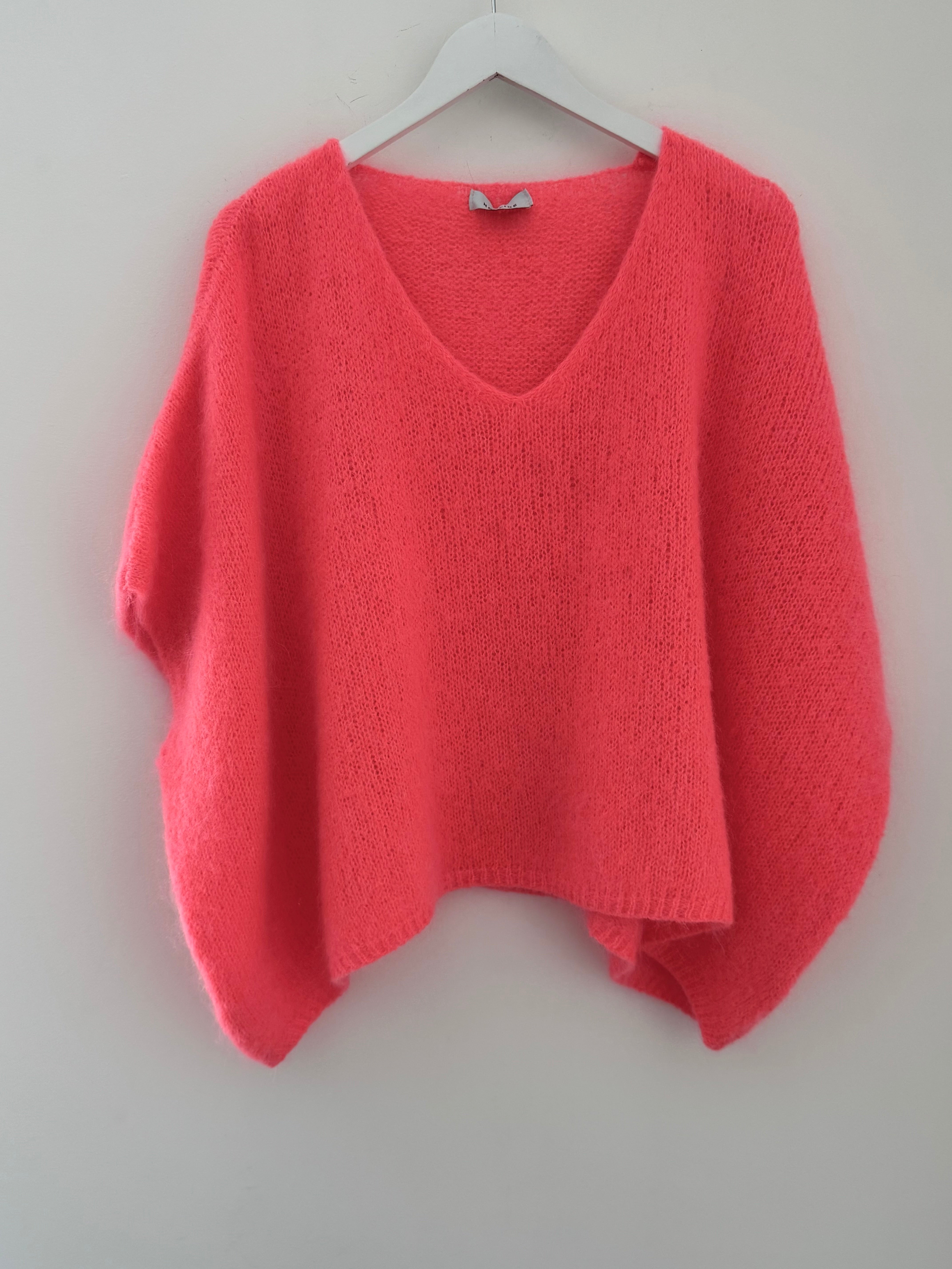 Oversized Mohair V Neck Tank in Neon Coral