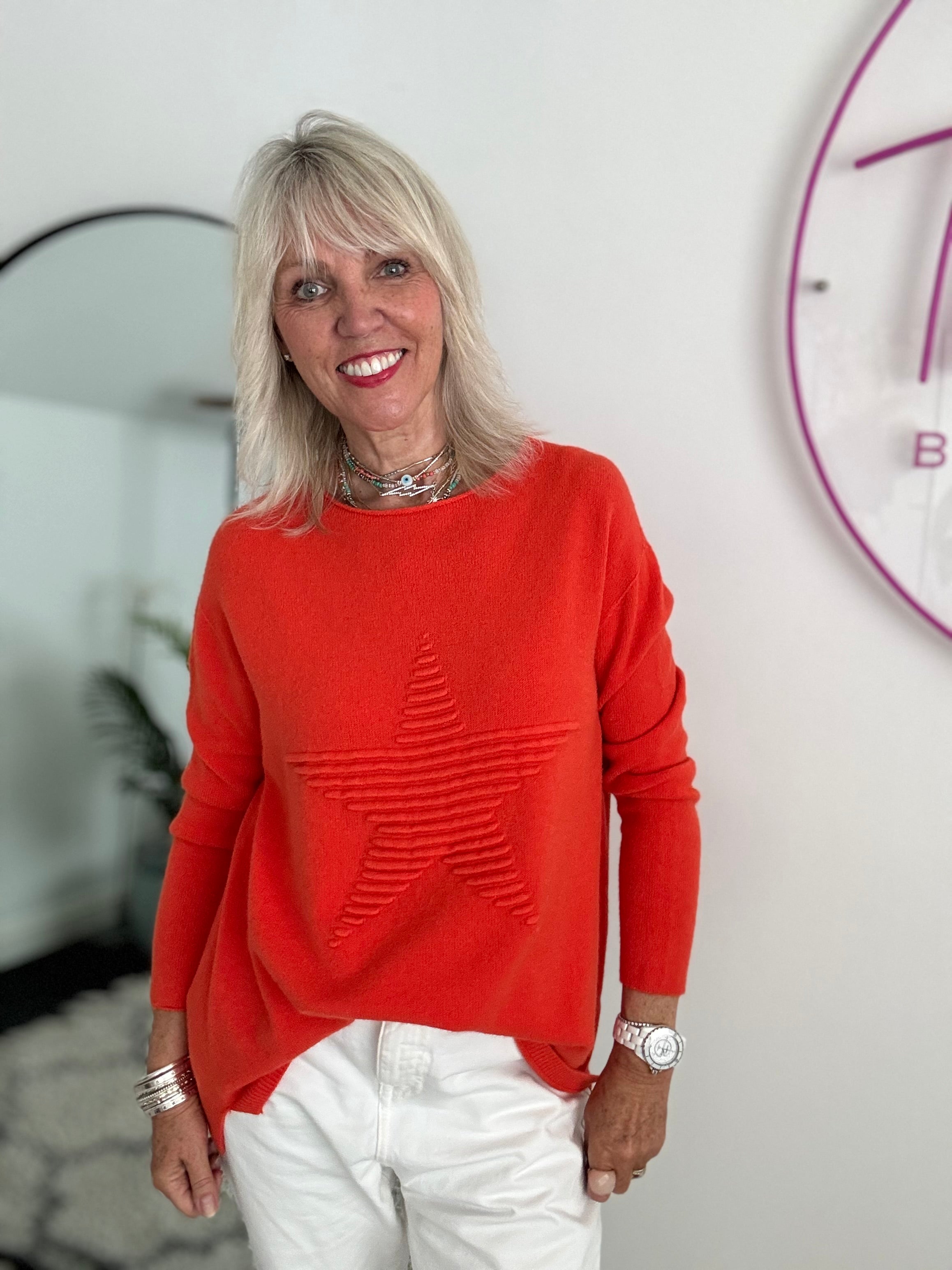 Ribbed Star Jumper in Orange/Red