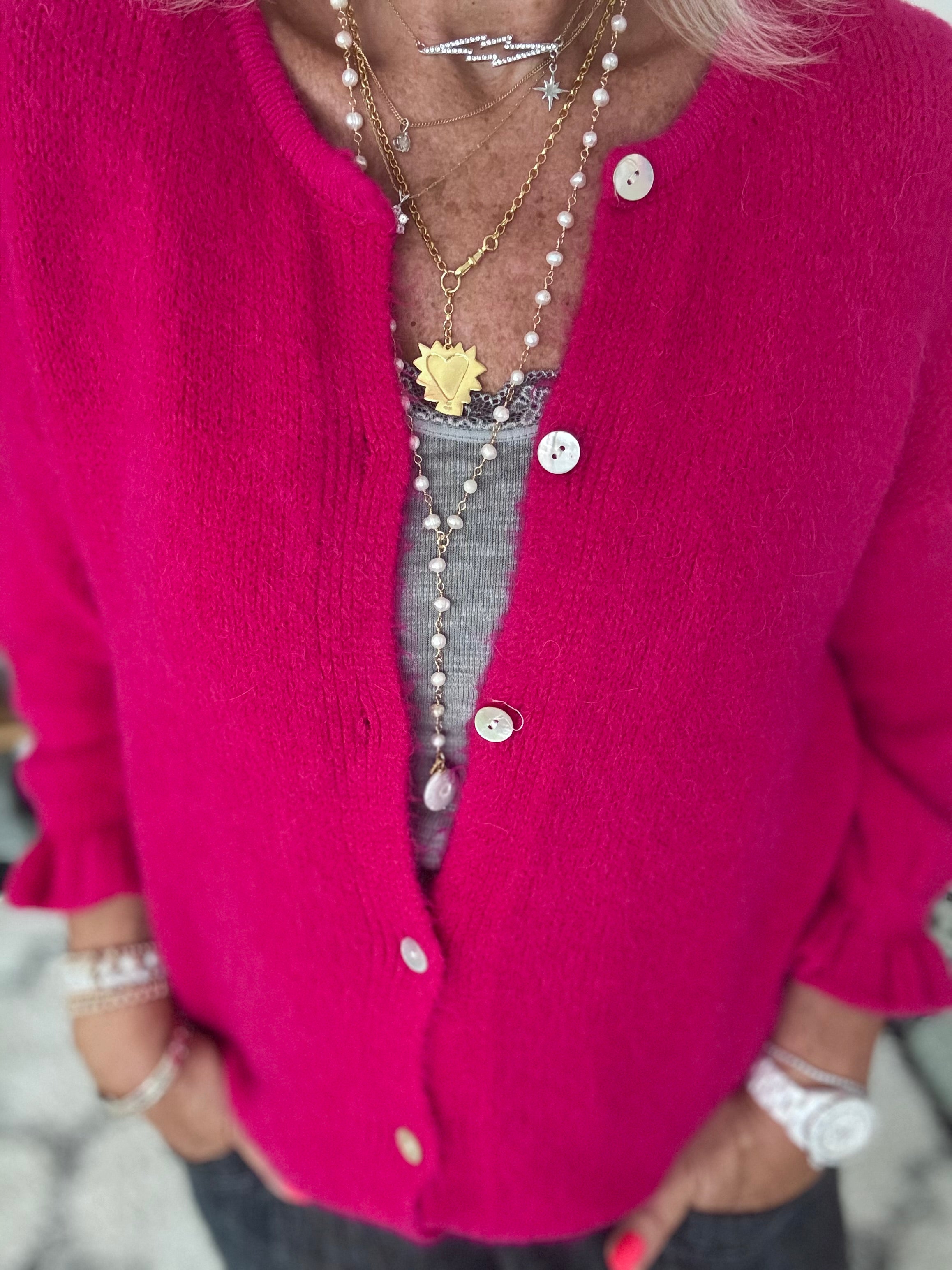 Alpaca Cardi with Frill Cuffs in Raspberry
