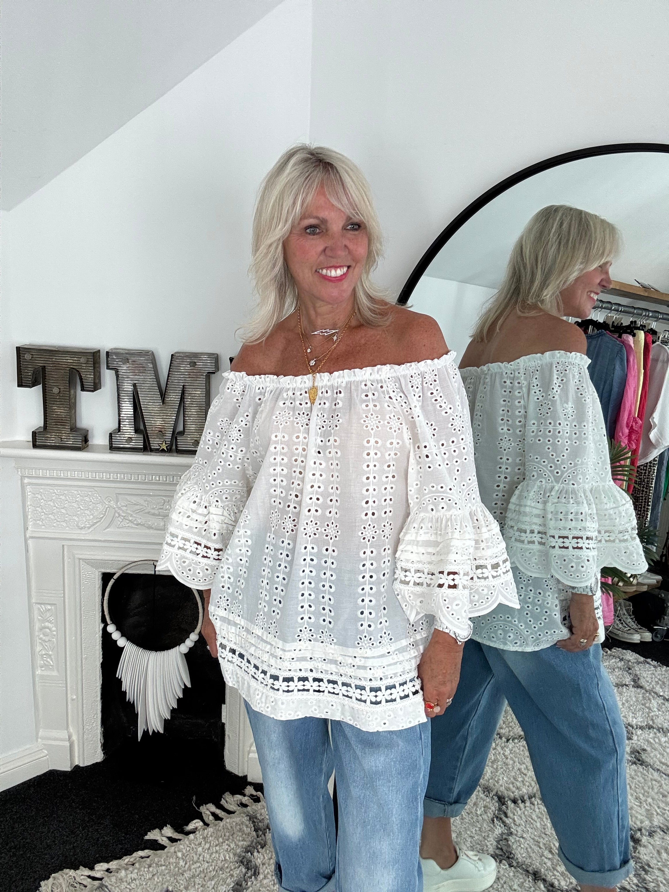 Designer Broderie Anglaise Top in Ivory
