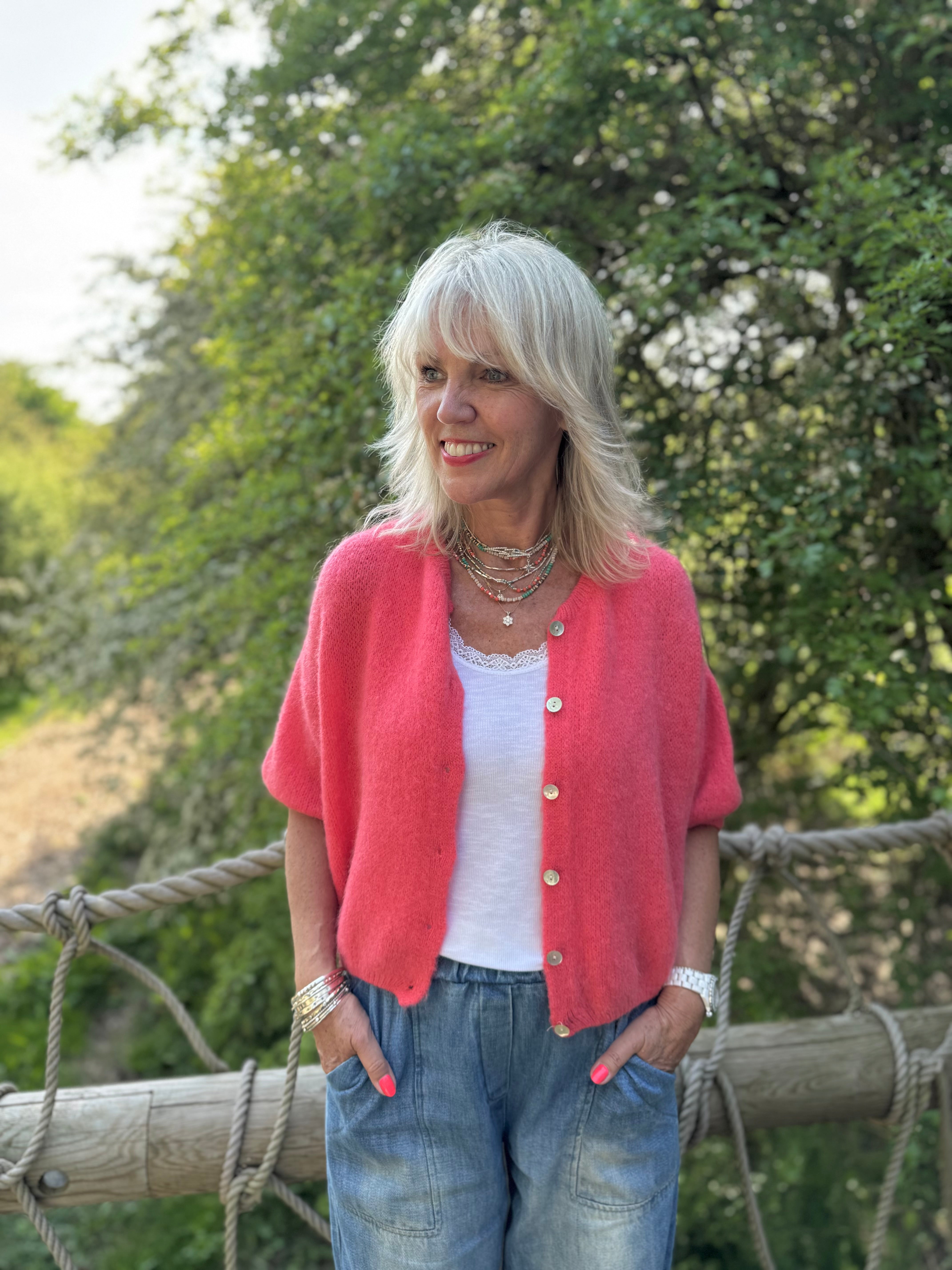 Cropped Sleeve Buttoned Cardi in Coral