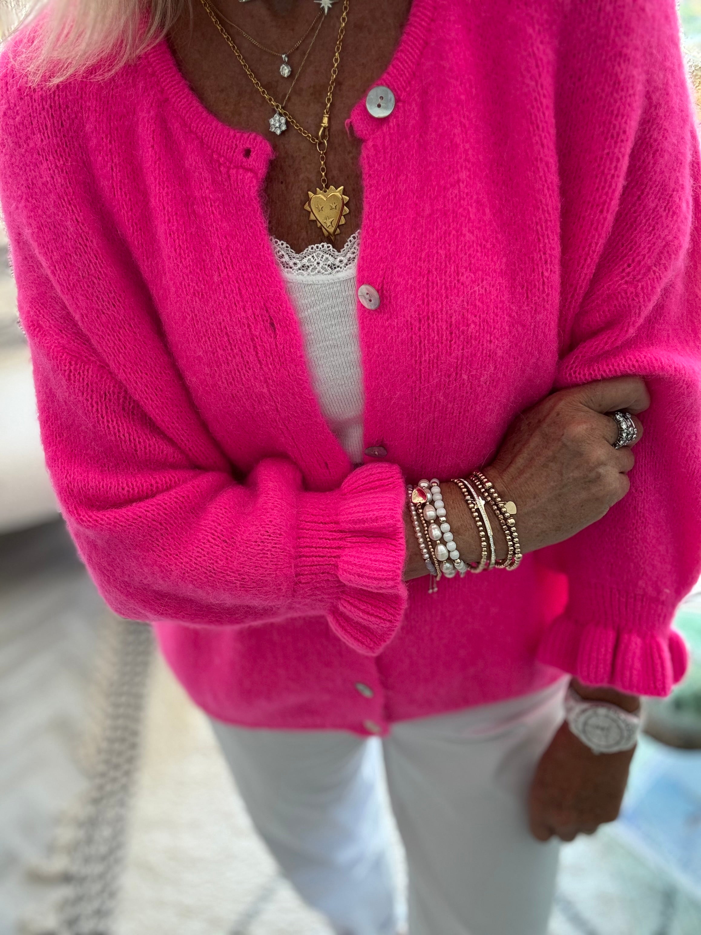 Alpaca Cardi with Frill Cuffs in Neon Pink