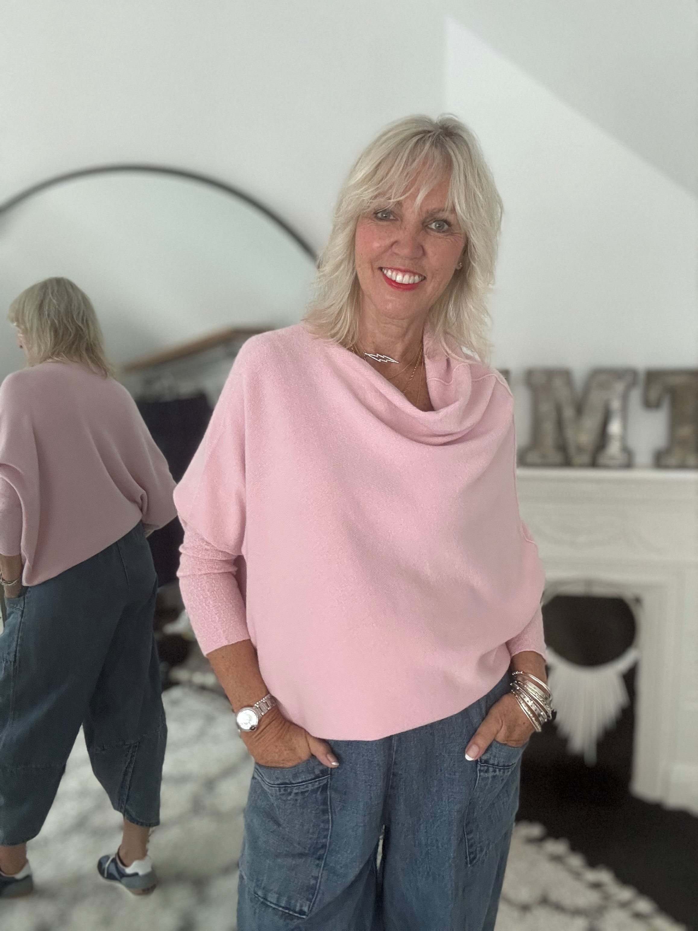 Cowl Neck Asymmetric Jumper in Baby Pink
