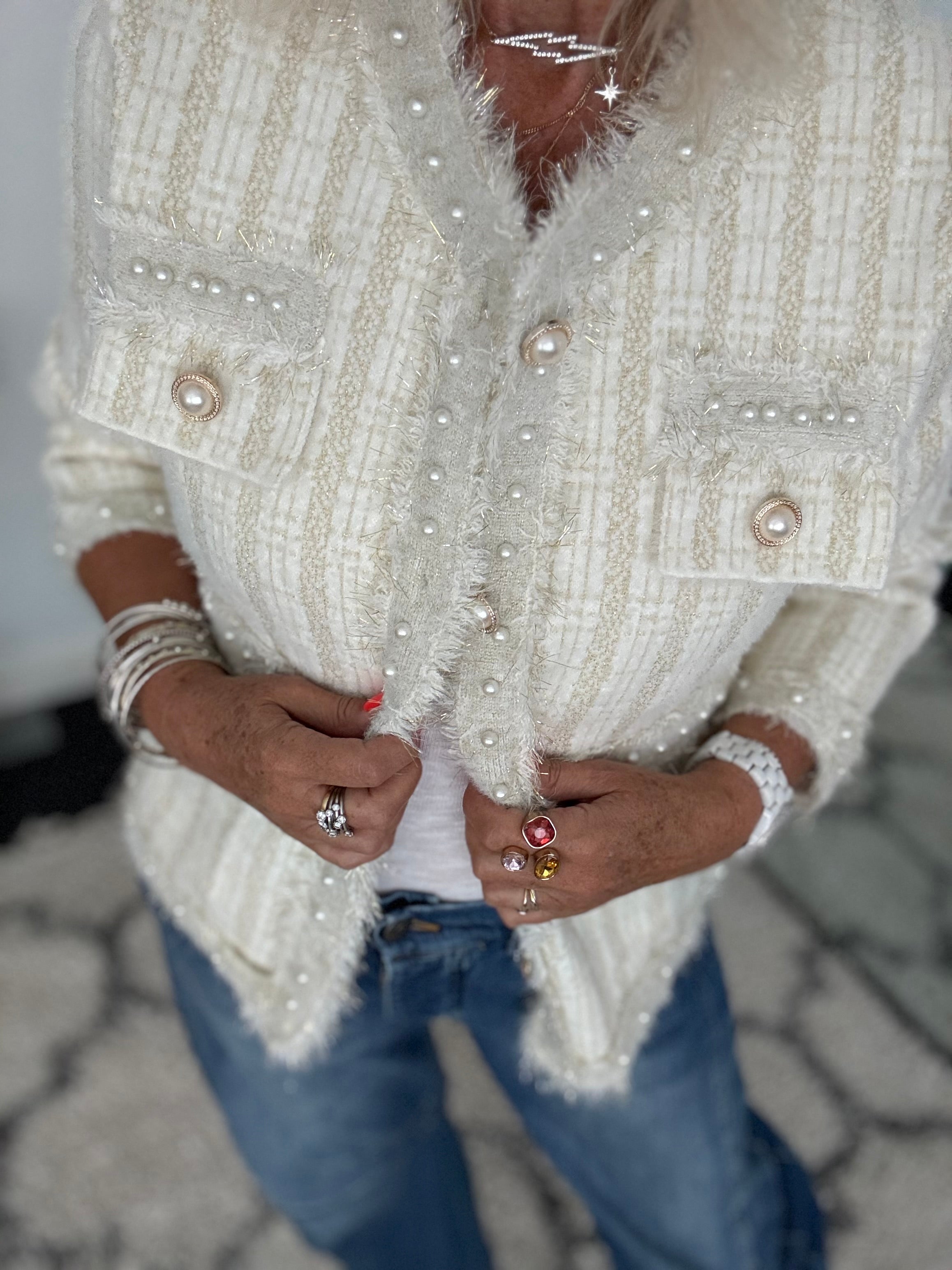 Pearl Button & Tweed Cardi Jacket in Ivory & Gold