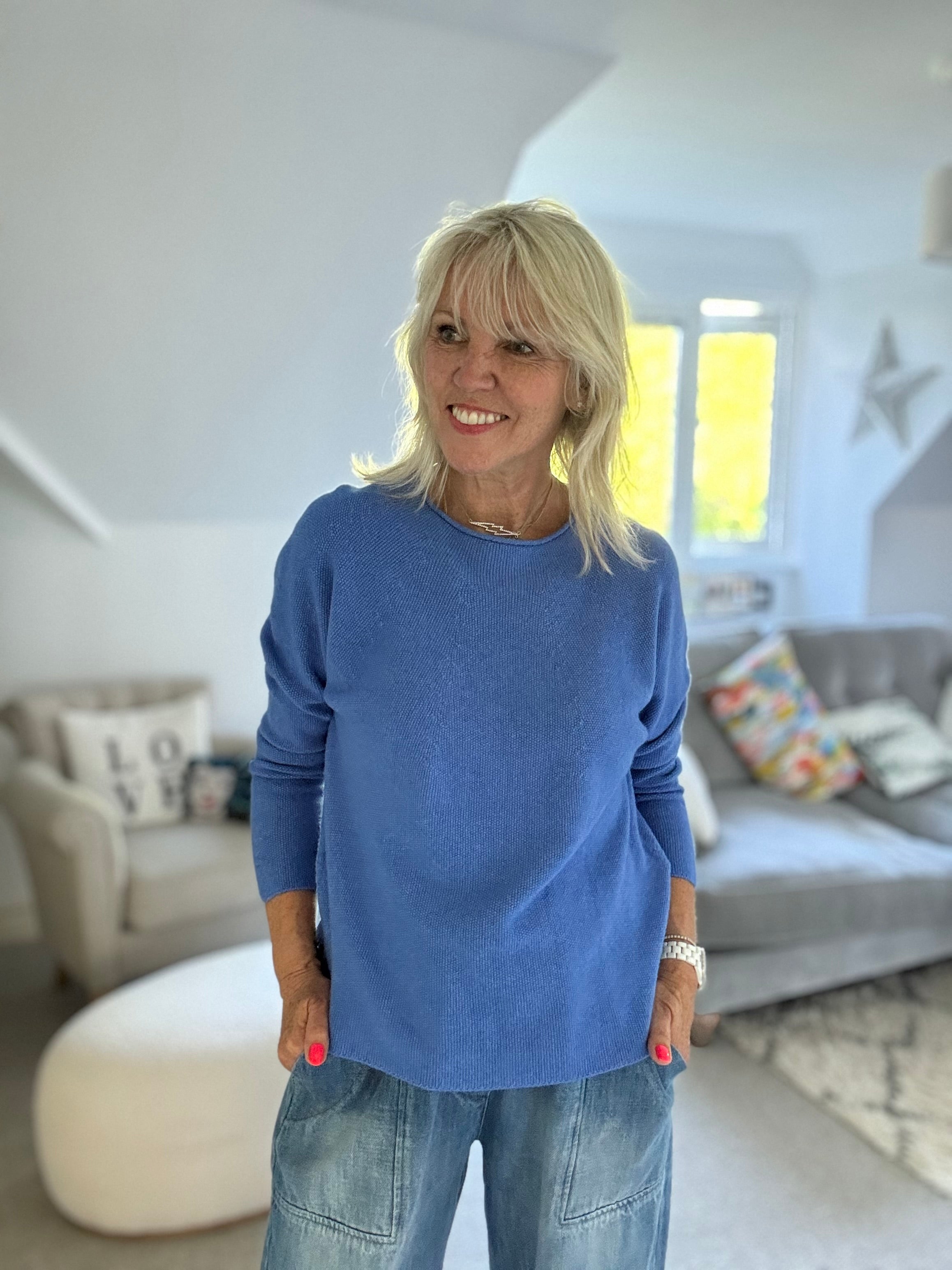 Moss Stitch Jumper with Ladder Back in Sky Blue
