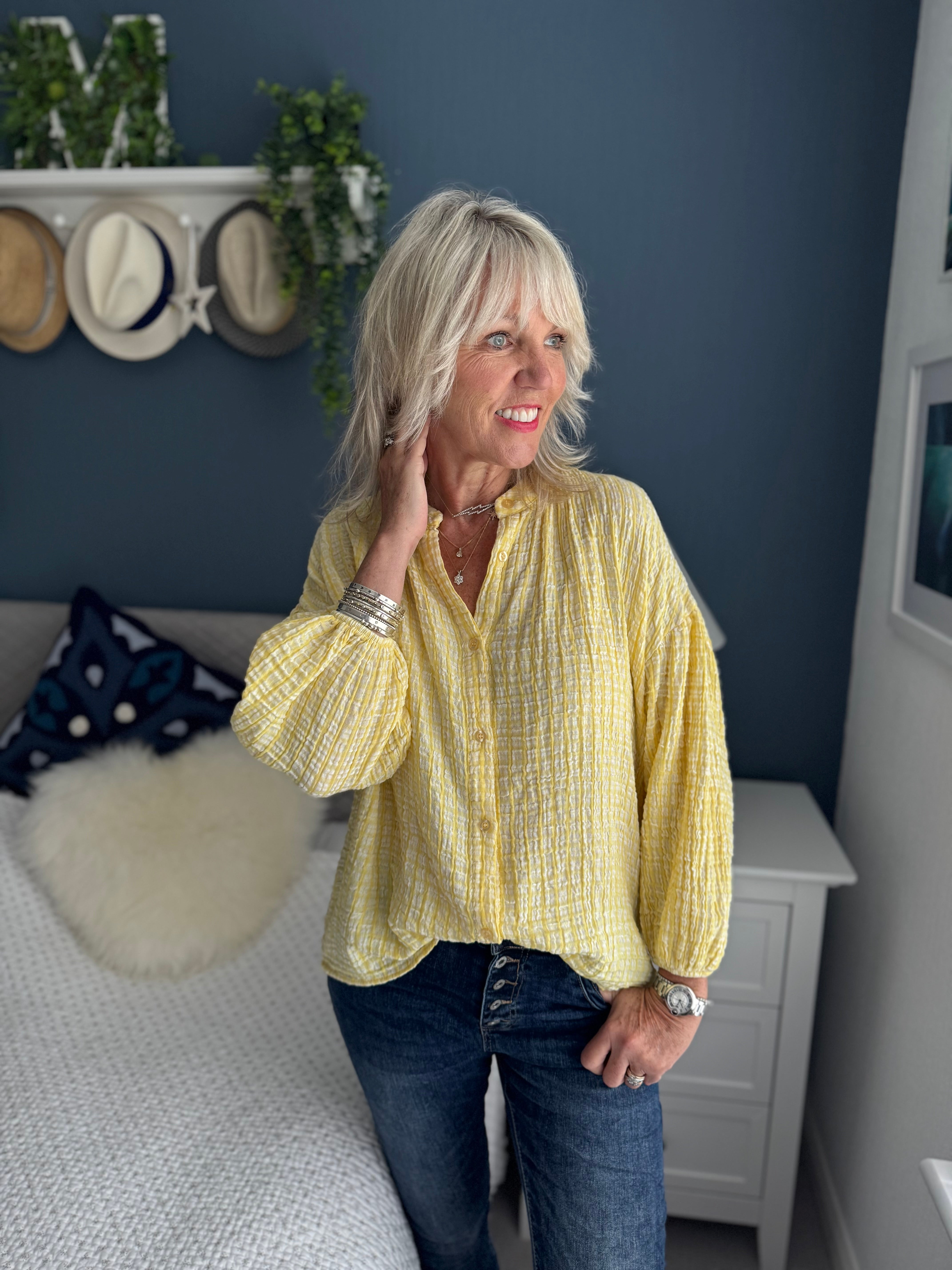 Gingham Seersucker Blouse in Lemon