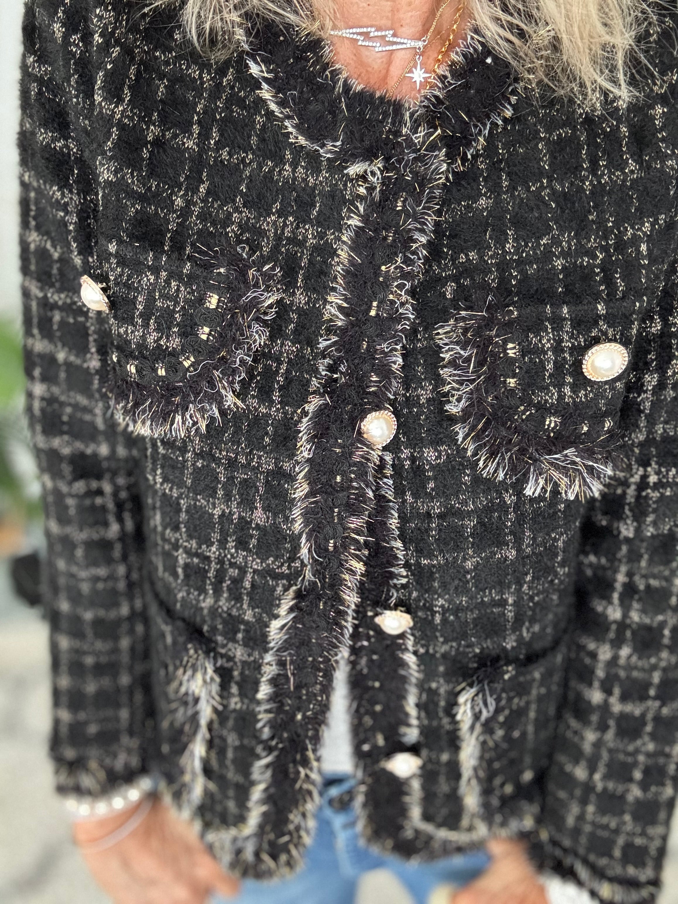 Pearl Button & Tweed Cardi Jacket in Black
