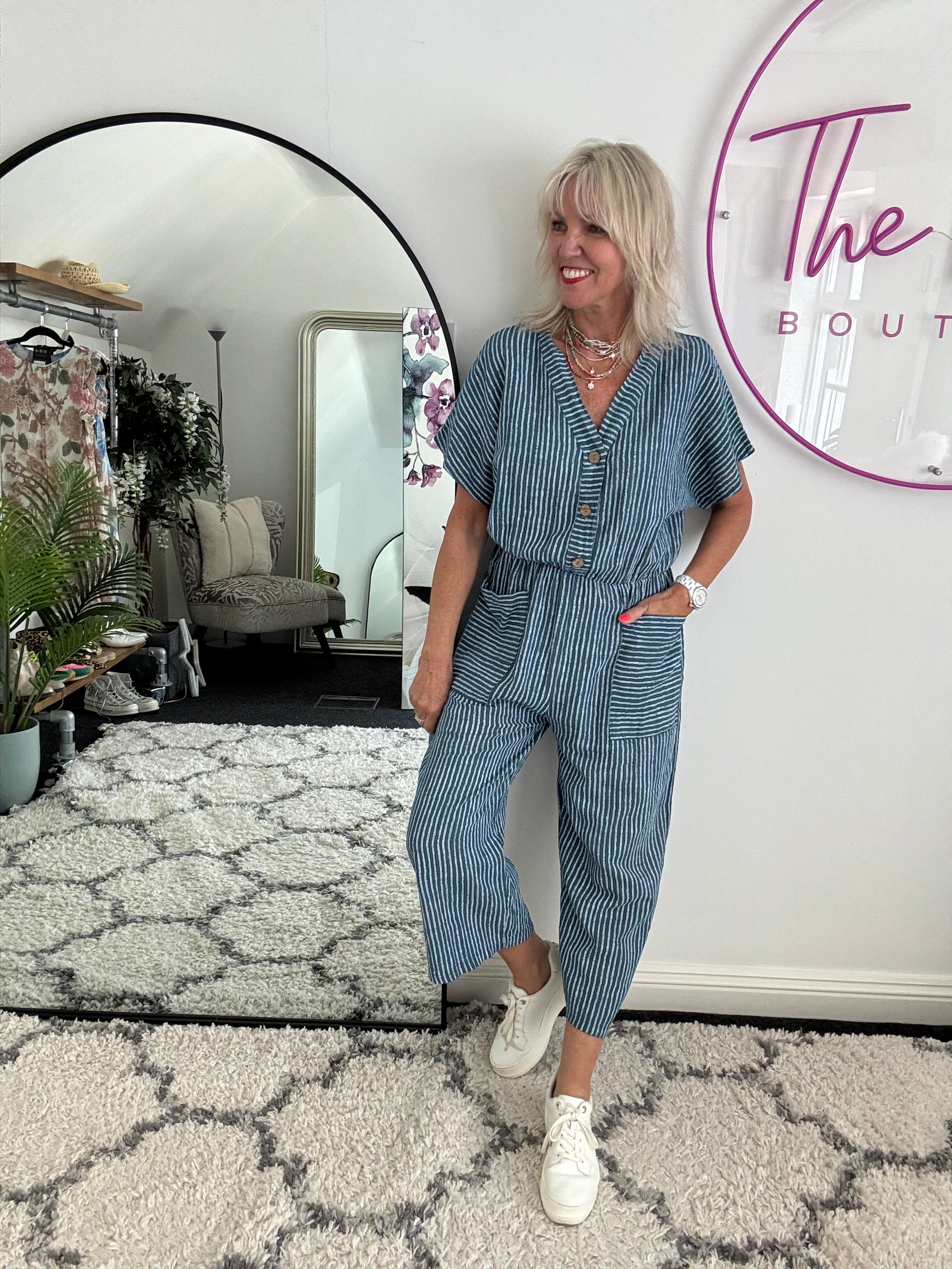 Cotton Stripe Jumpsuit in Petrol Blue