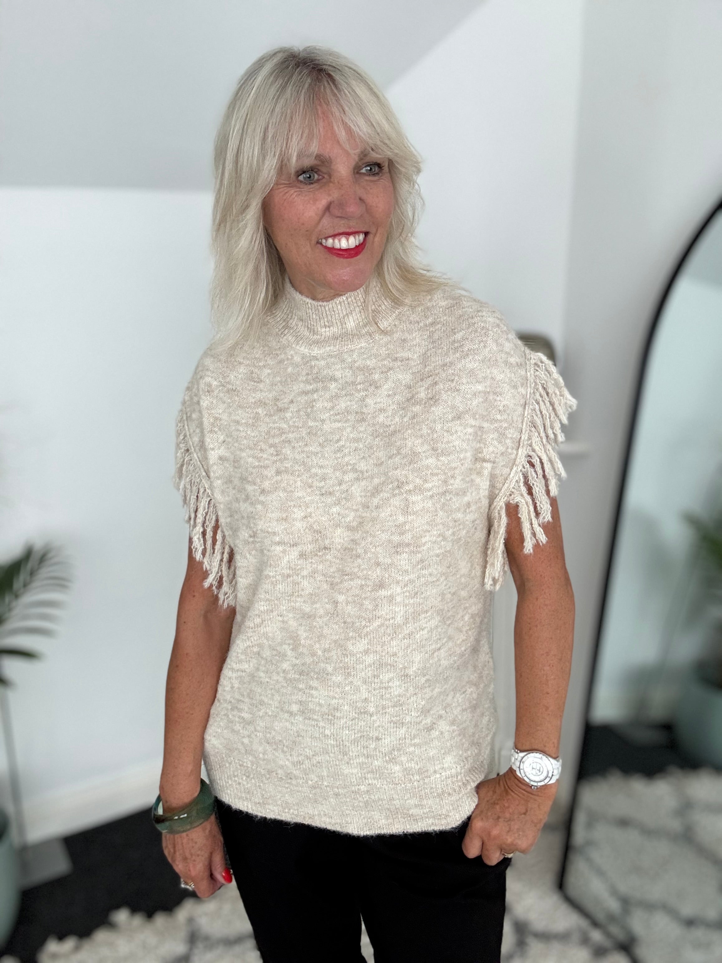 Stone Marl Knit with Fringe Detailing