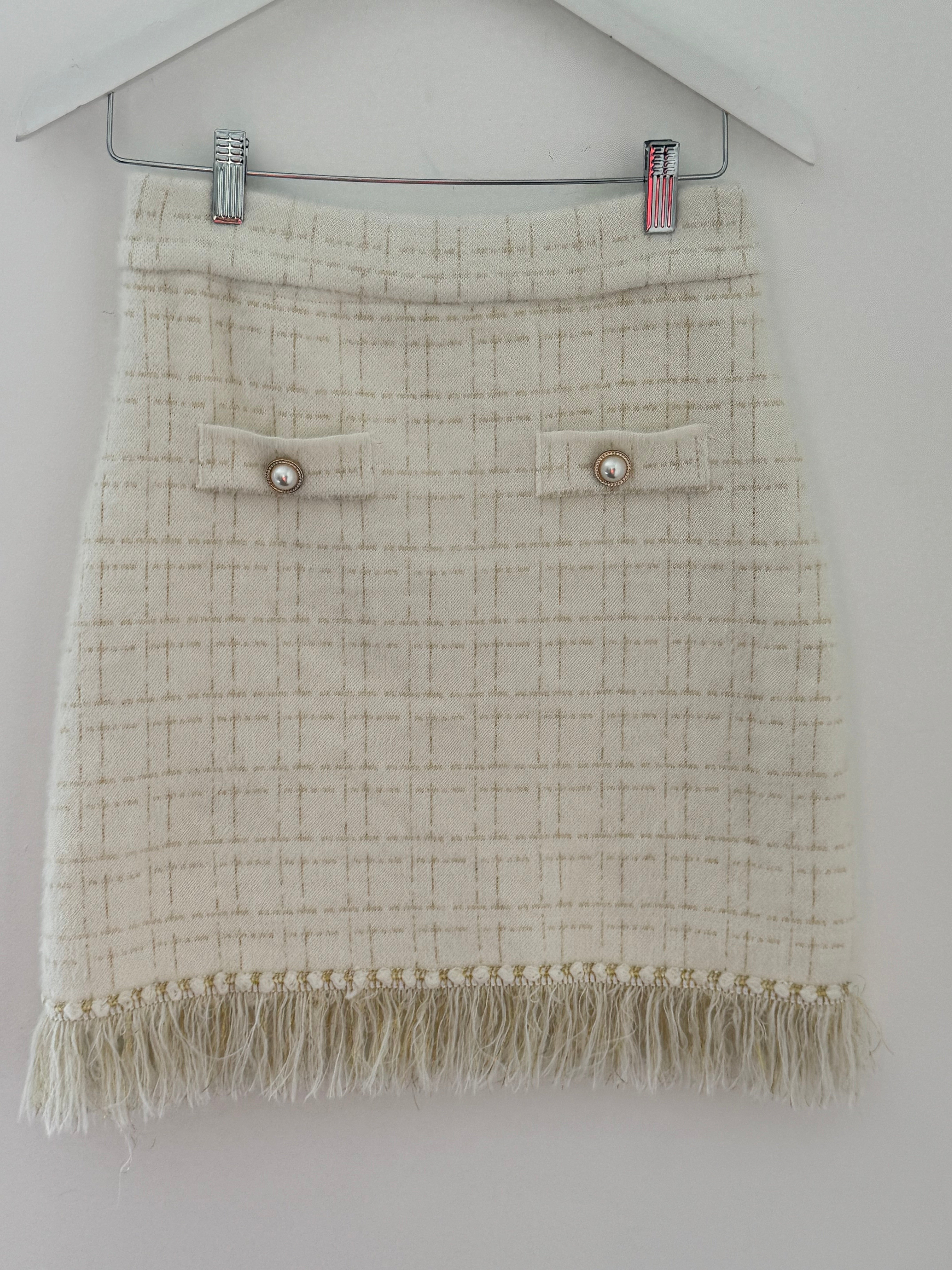 Pearl Button & Tweed Skirt in Ivory