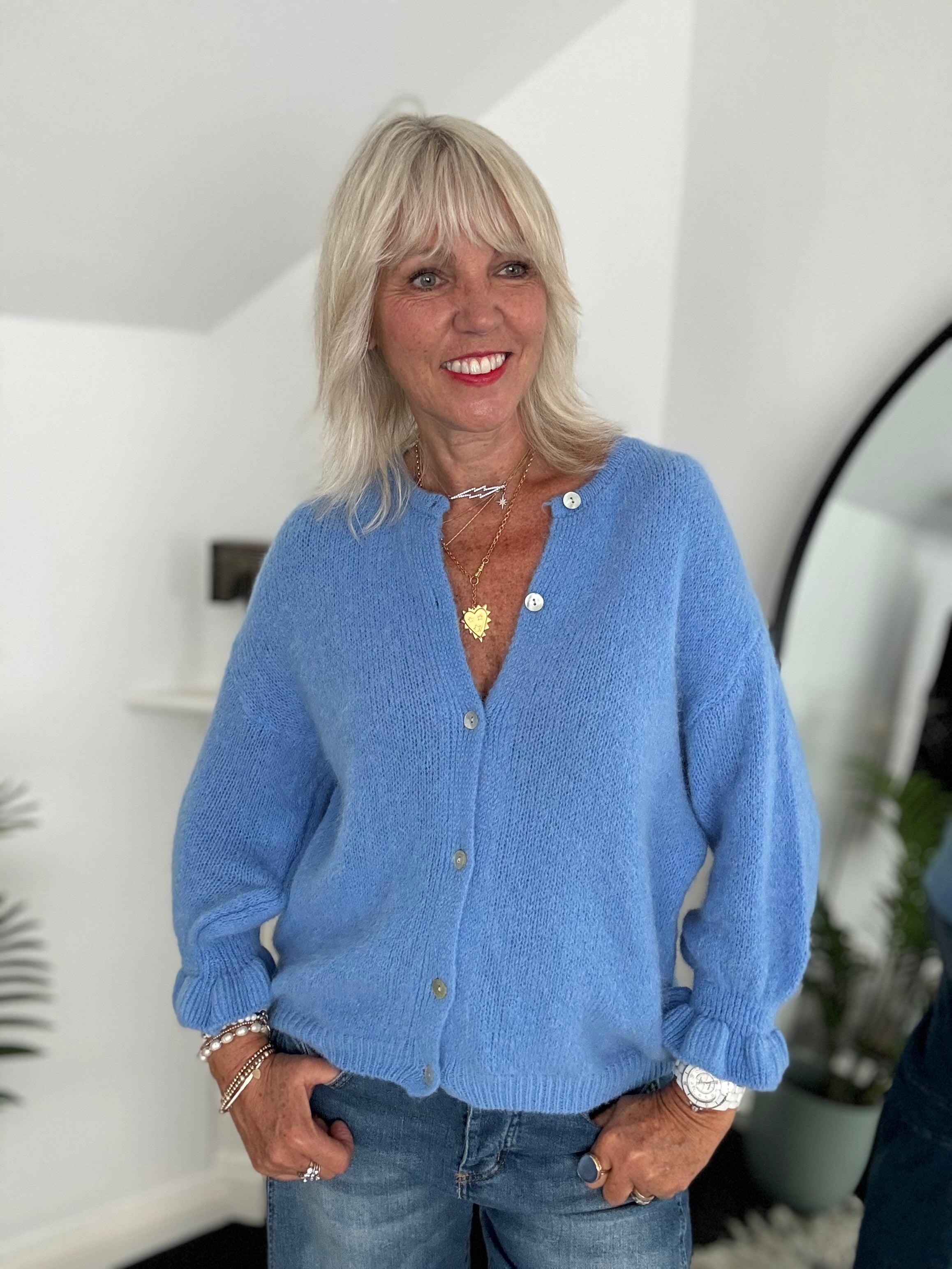 Alpaca Cardi with Frill Cuffs in Cornflower Blue