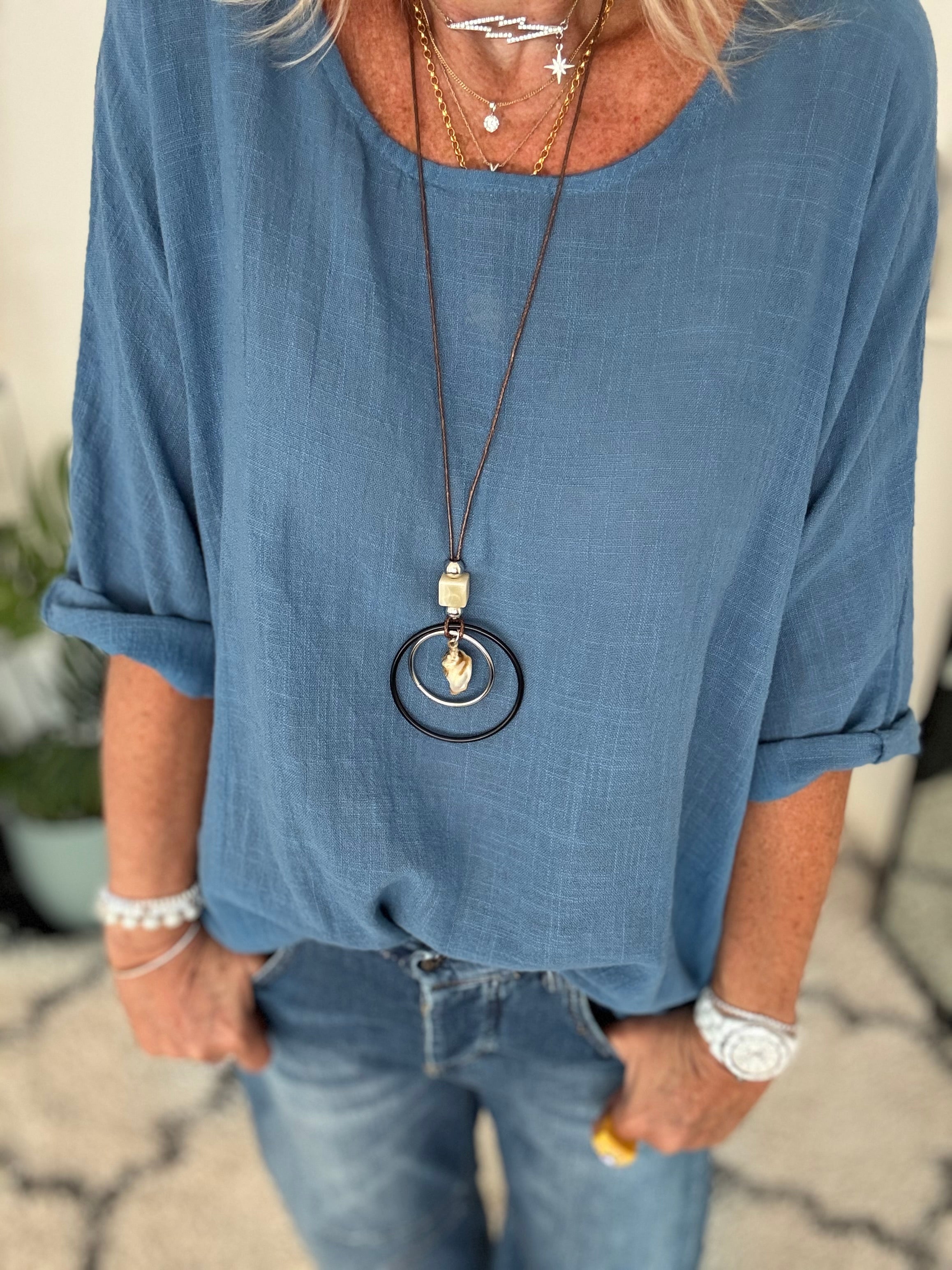 Simple Cotton Scoop Neck Top in Denim Blue