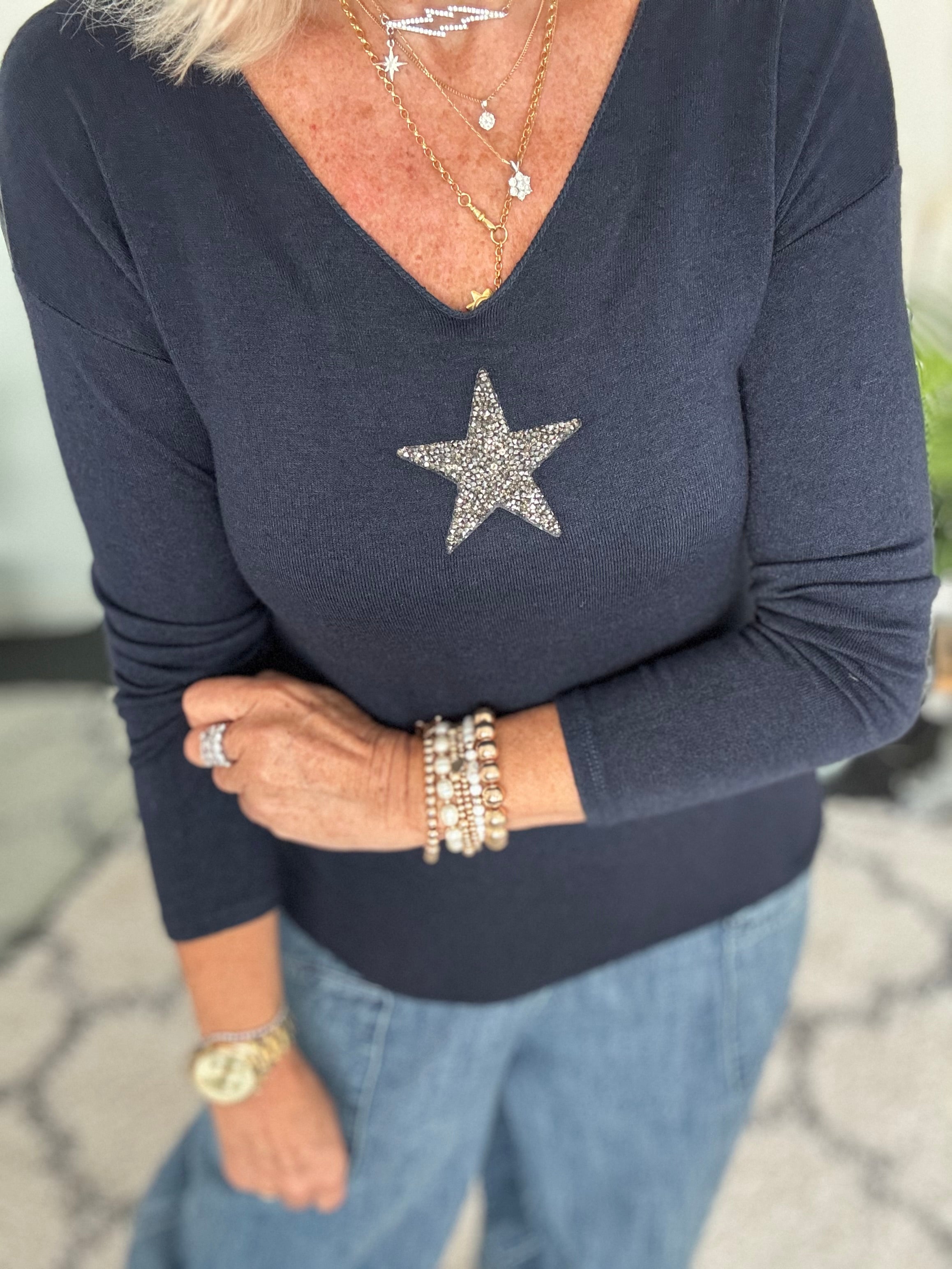 Slimfit Glitter Star Jumper in Ink