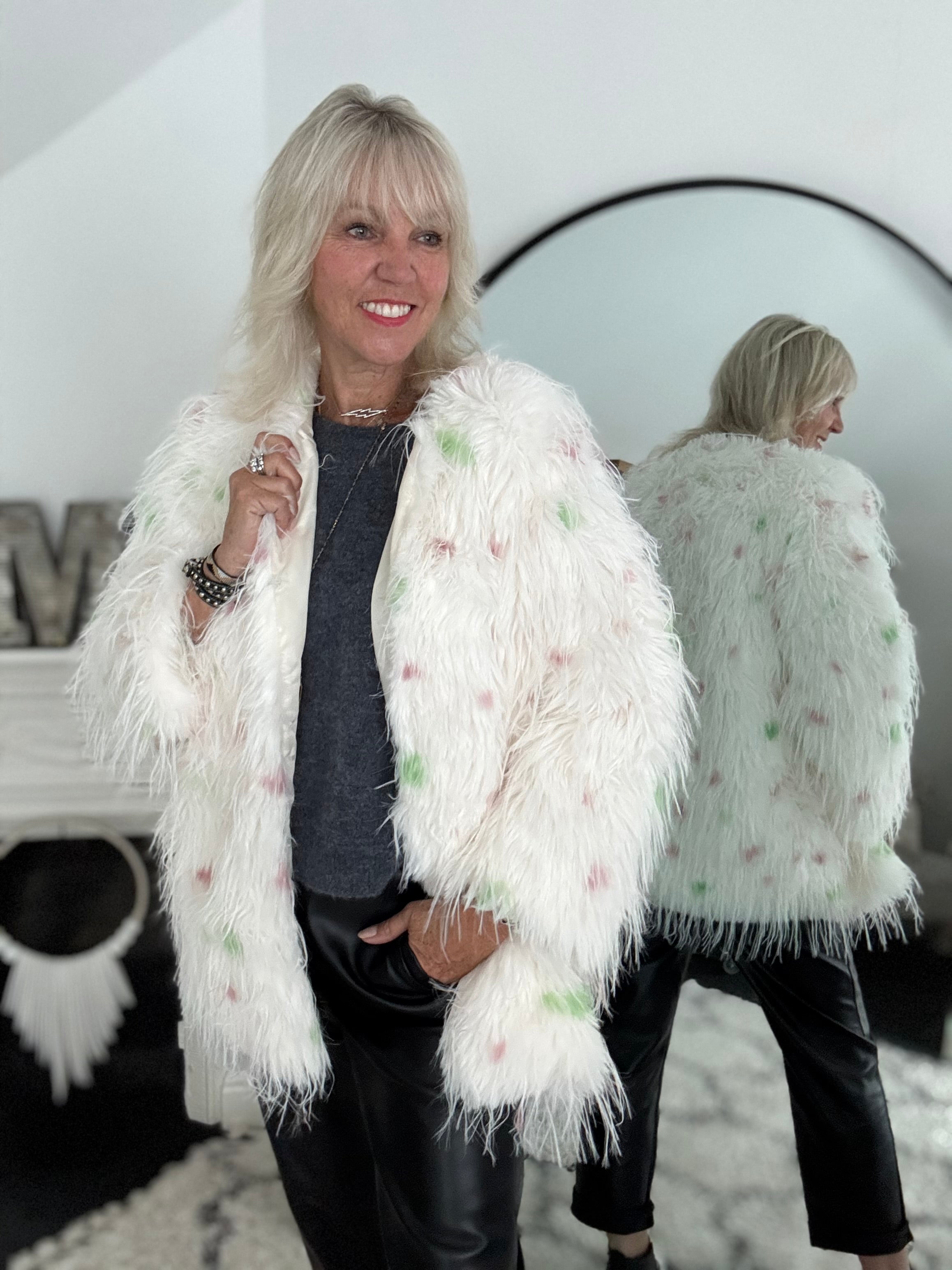 Faux Fur Spot Jacket in Pink & Green