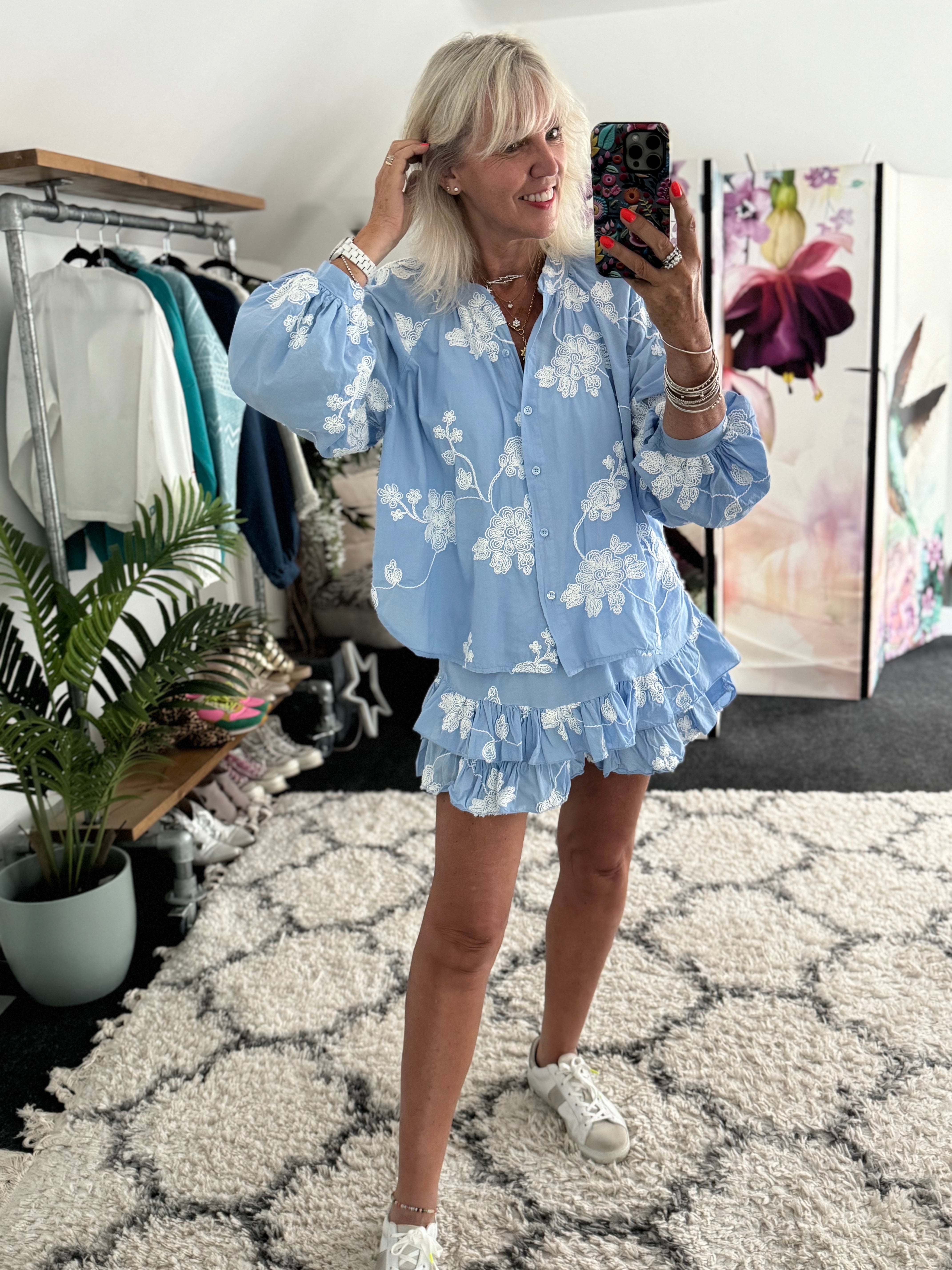 Luxe Embroidered Blouse & Rara in Blue