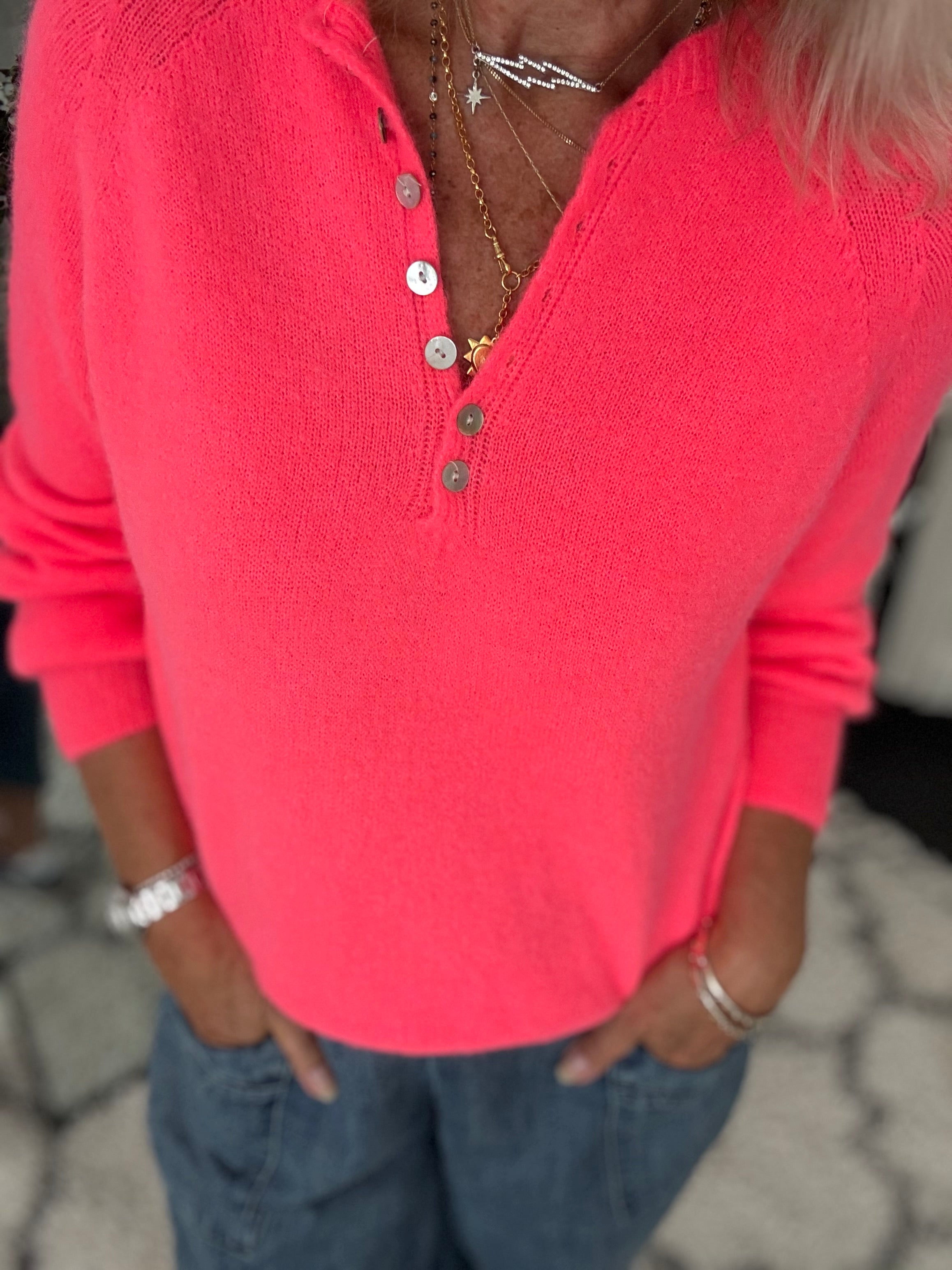Softie Jumper with Button Neck in Neon Coral