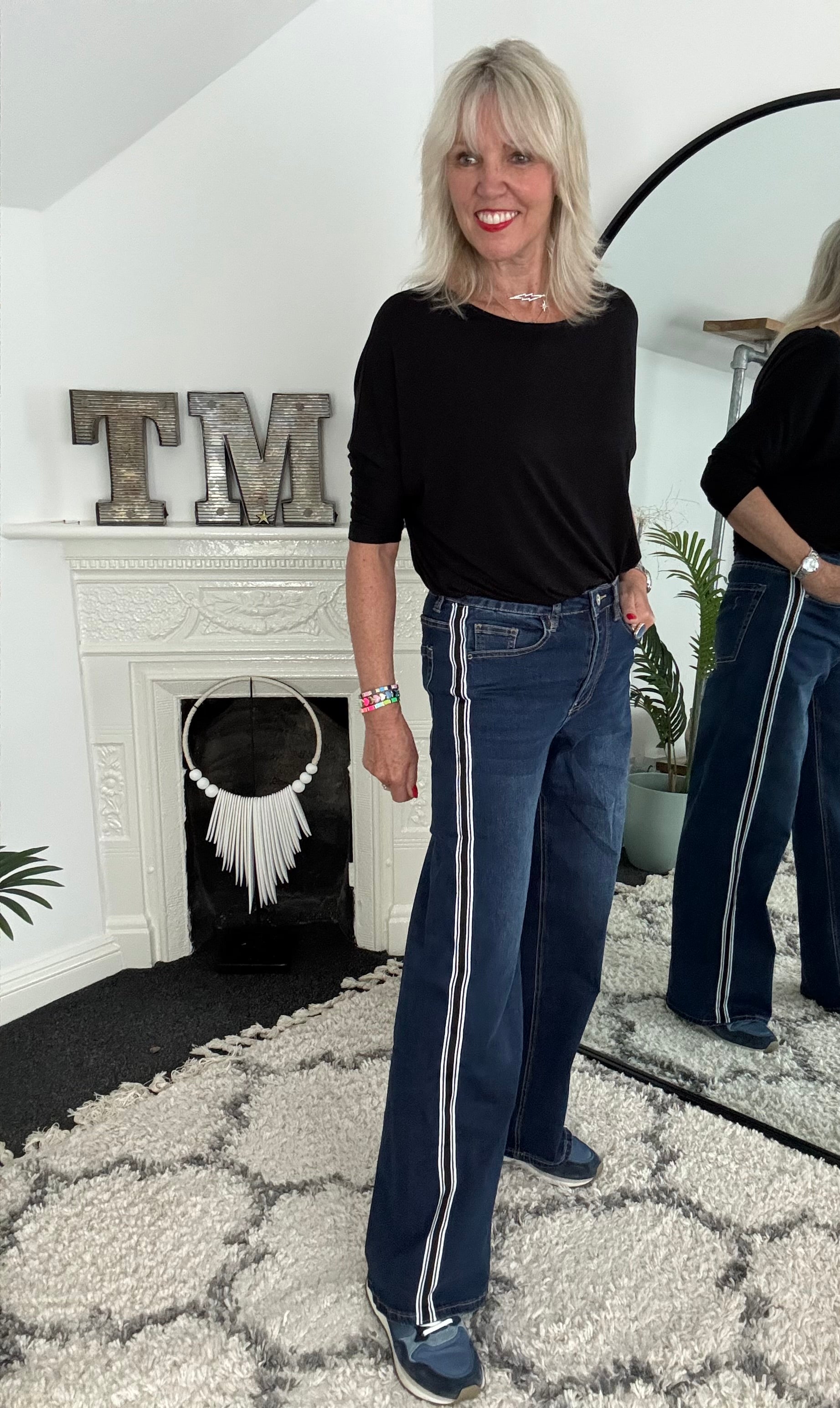 Stretch Flared Jeans with Side Stripes in Dark Denim