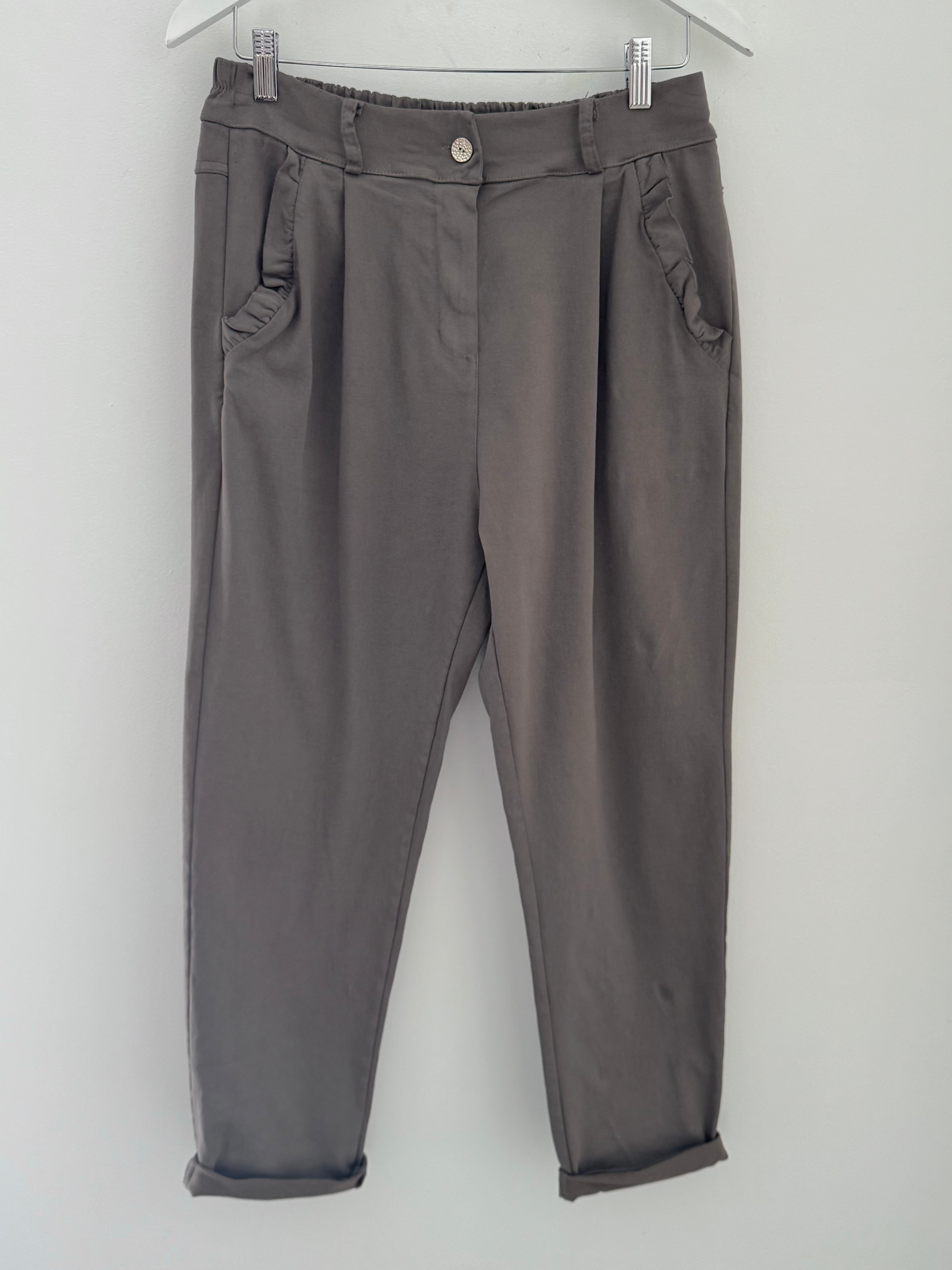Luxe Stretch Trousers with Ruffle Pocket in Mocha