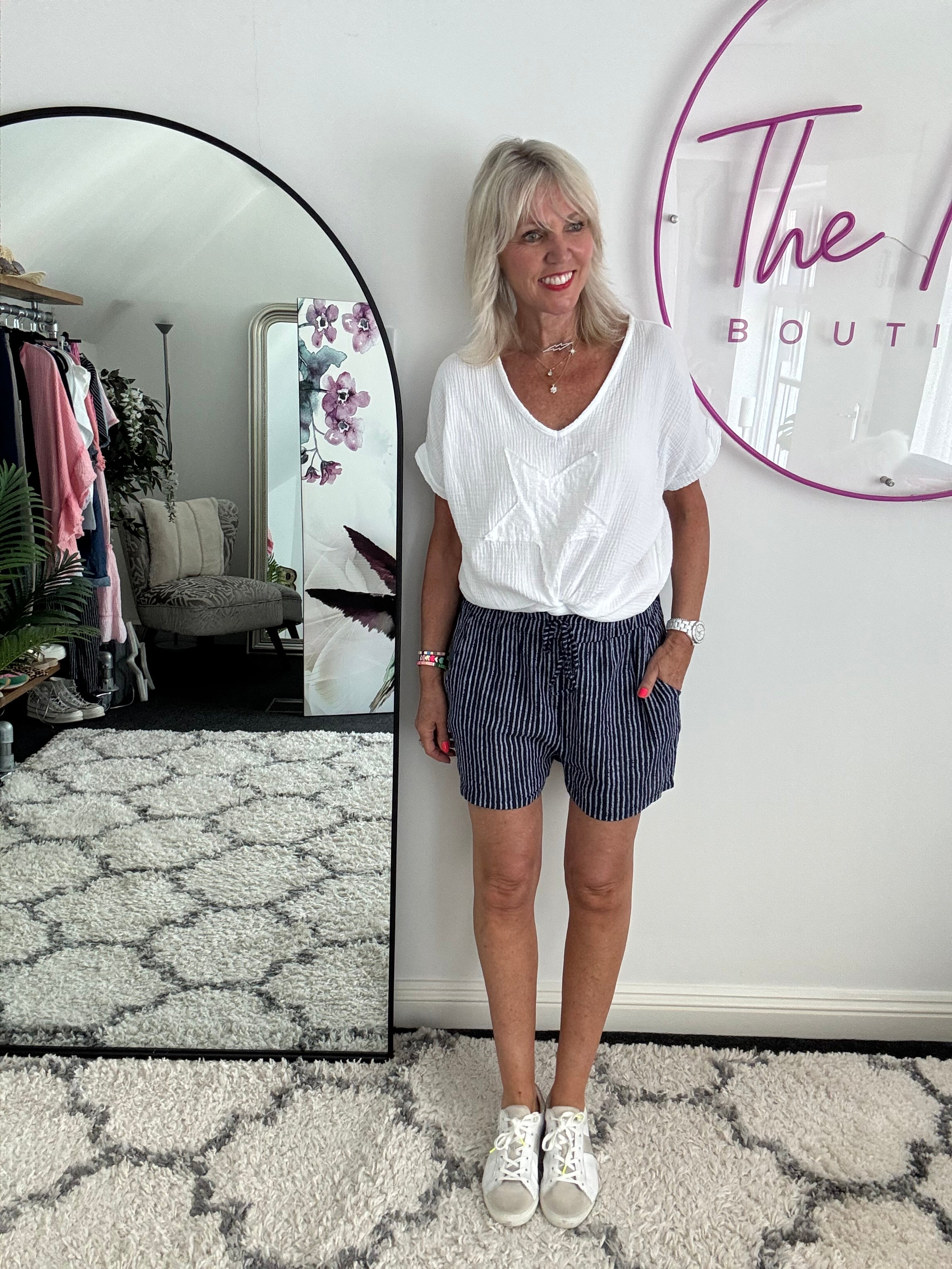 Cotton Stripe Shorts in Navy