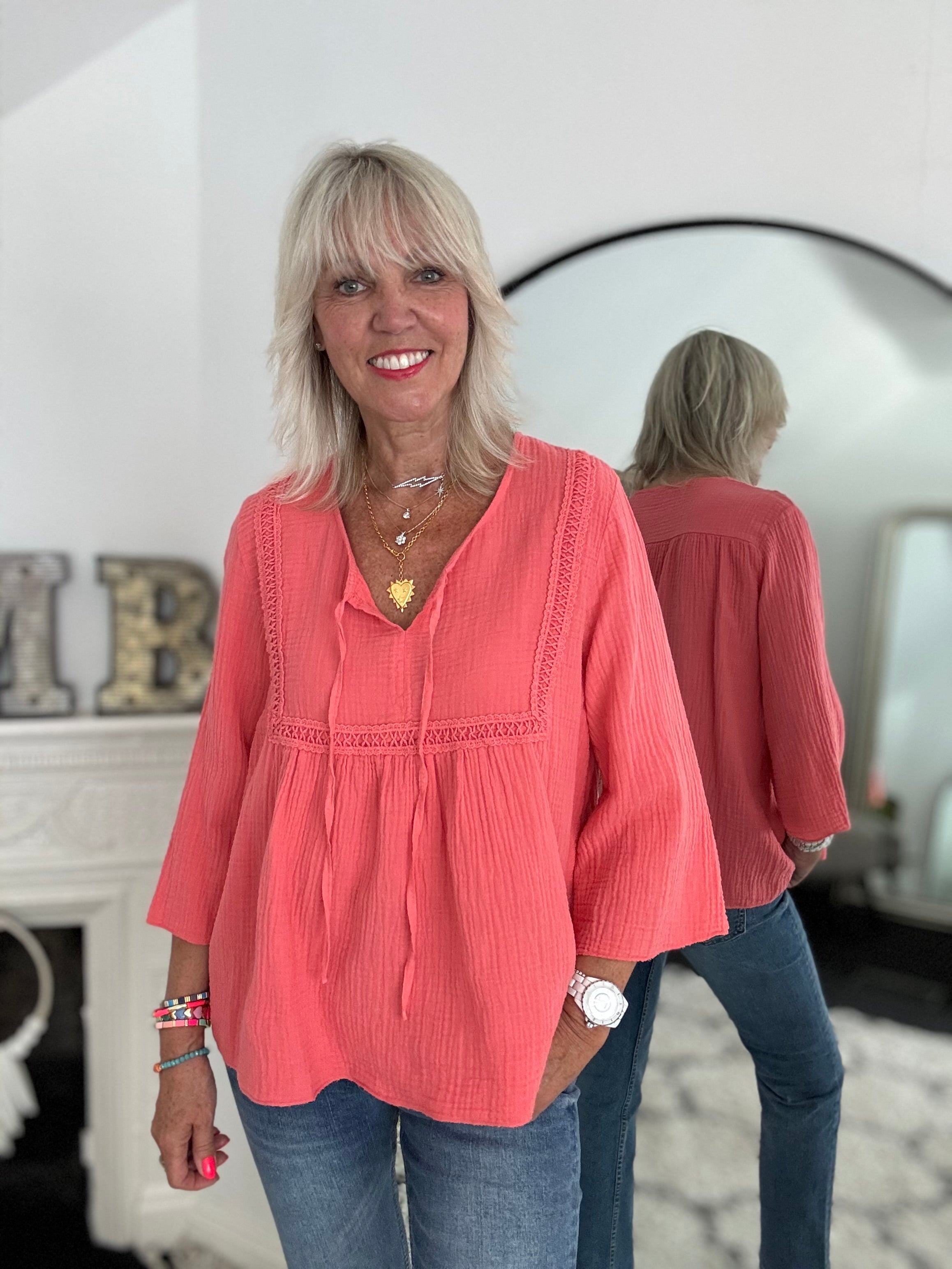 Cheesecloth Folk Blouse in Coral
